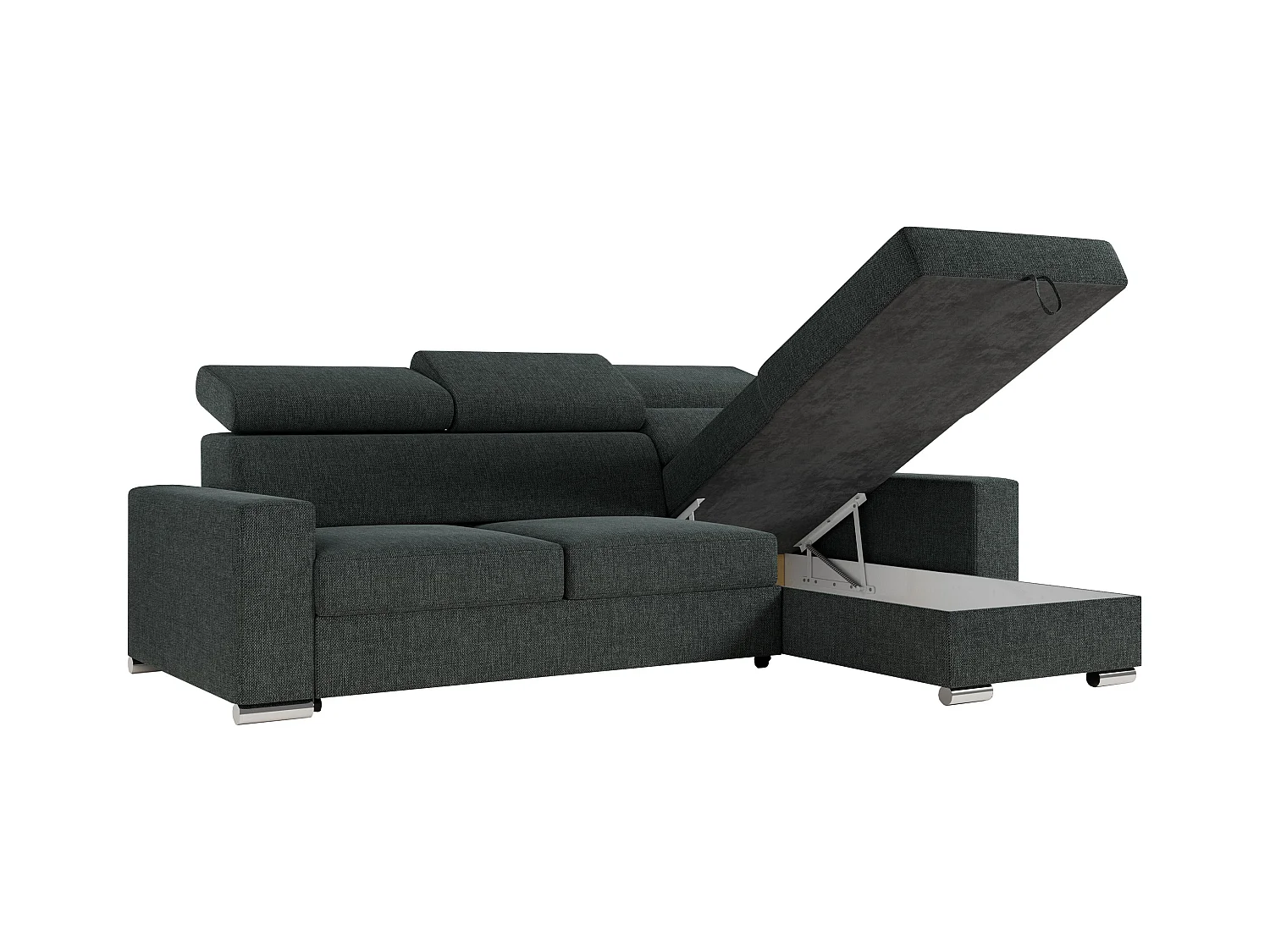 Ecksofa FOX, L-förmige Ecke, Schlaffunktion und Bettkasten, verstellbare Kopfstützen - Dunkelgrau Stukture