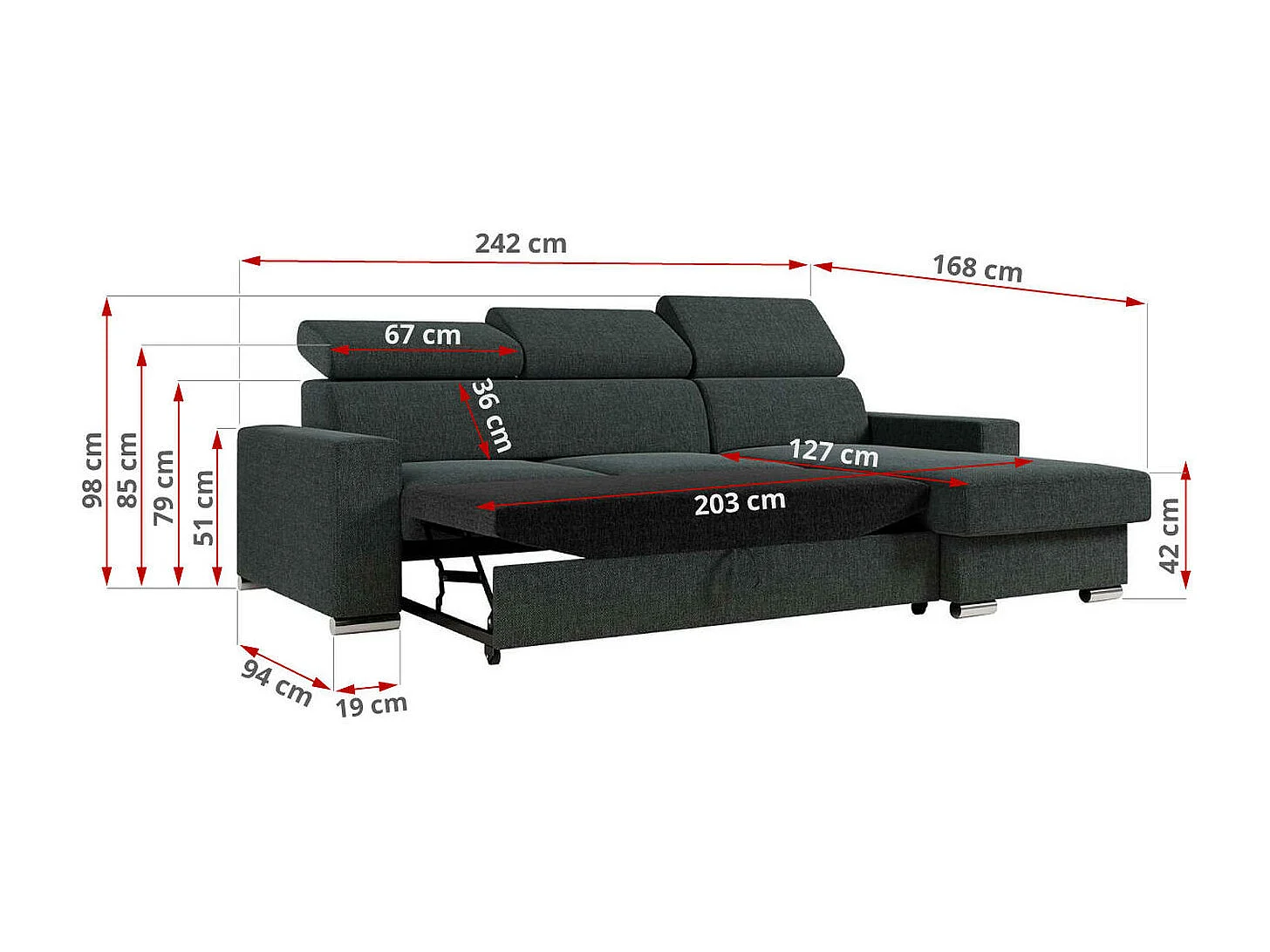 Ecksofa FOX, L-förmige Ecke, Schlaffunktion und Bettkasten, verstellbare Kopfstützen - Dunkelgrau Stukture
