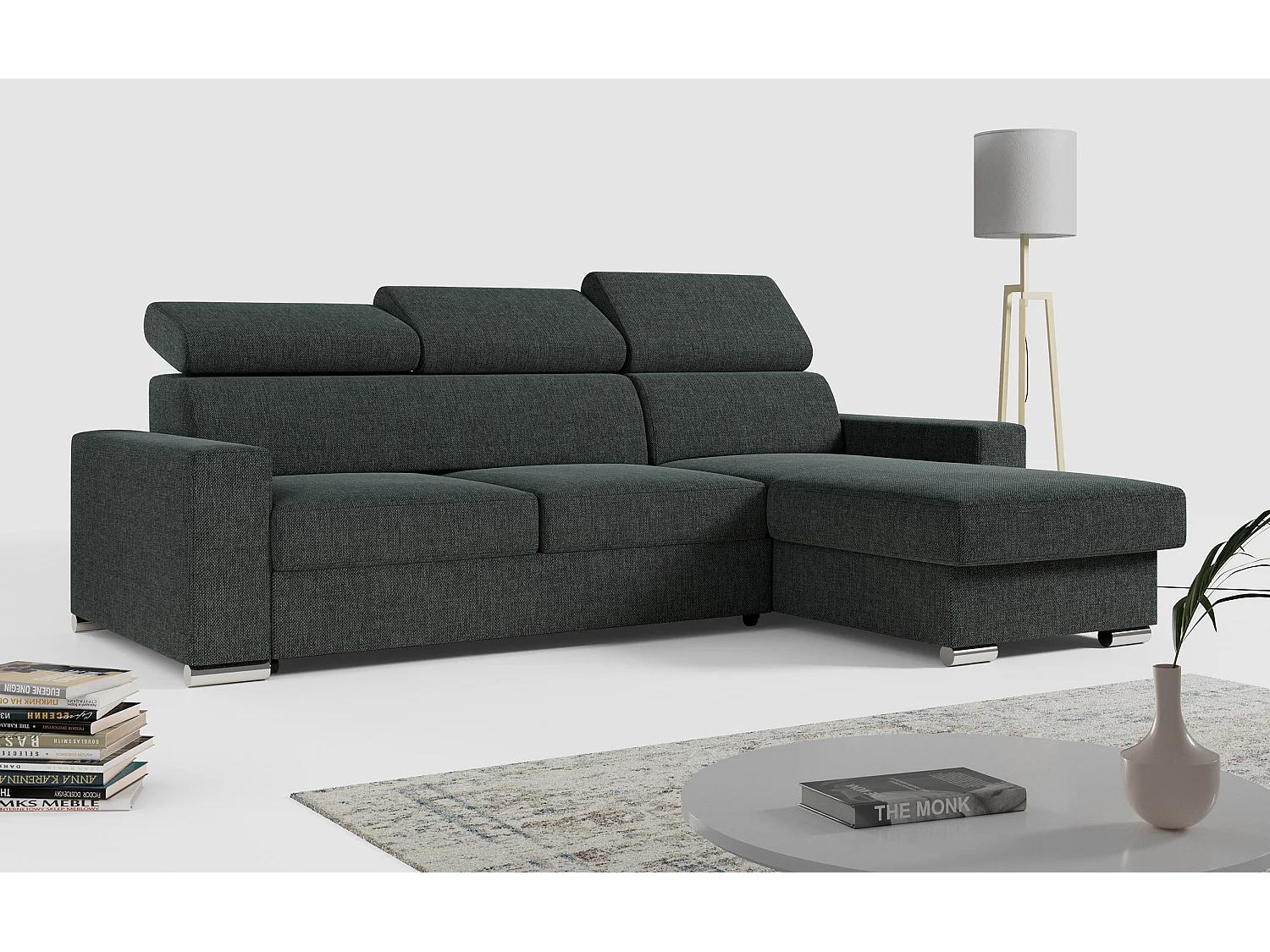 Ecksofa FOX, L-förmige Ecke, Schlaffunktion und Bettkasten, verstellbare Kopfstützen - Dunkelgrau Stukture