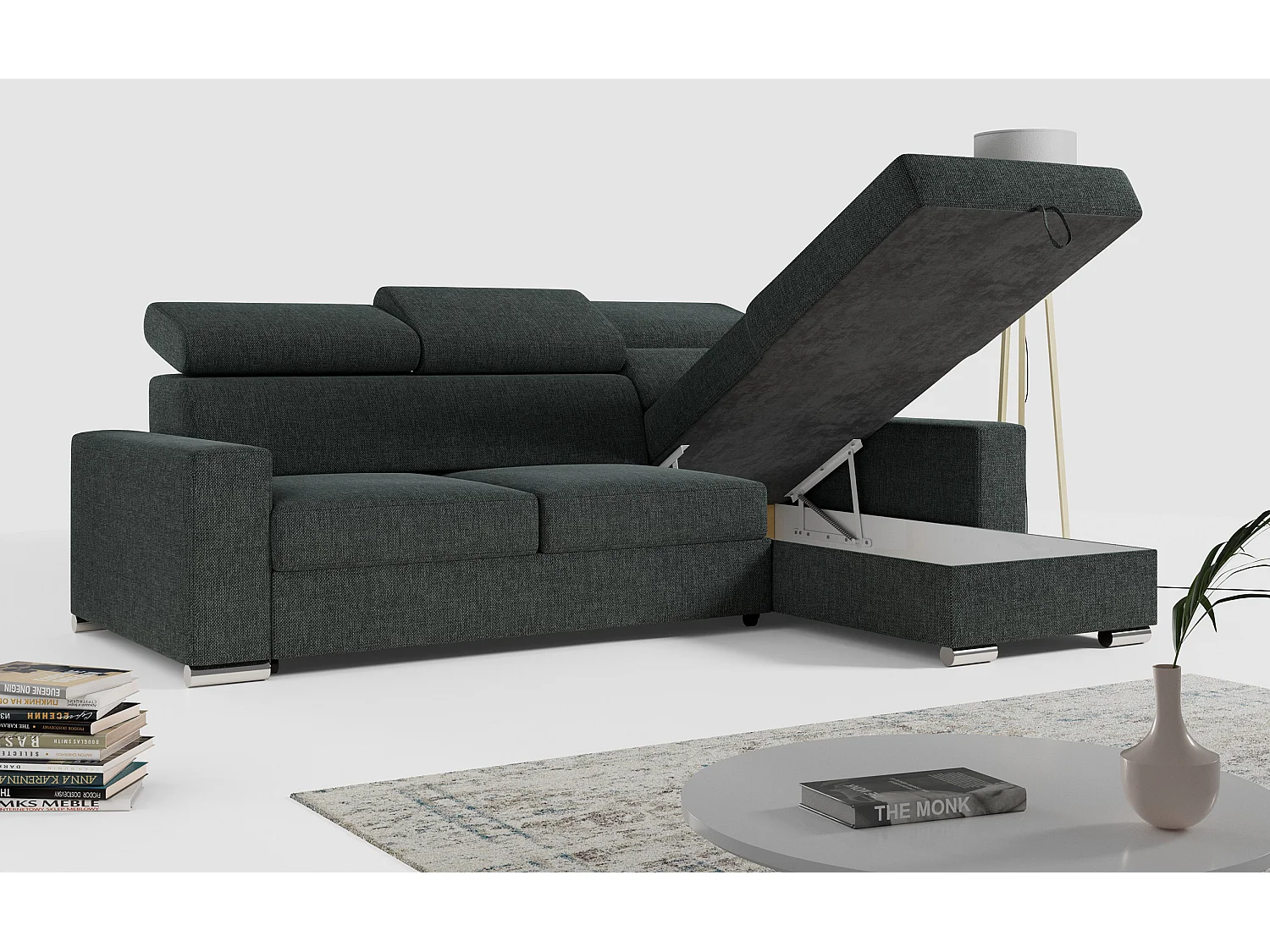 Ecksofa FOX, L-förmige Ecke, Schlaffunktion und Bettkasten, verstellbare Kopfstützen - Dunkelgrau Stukture