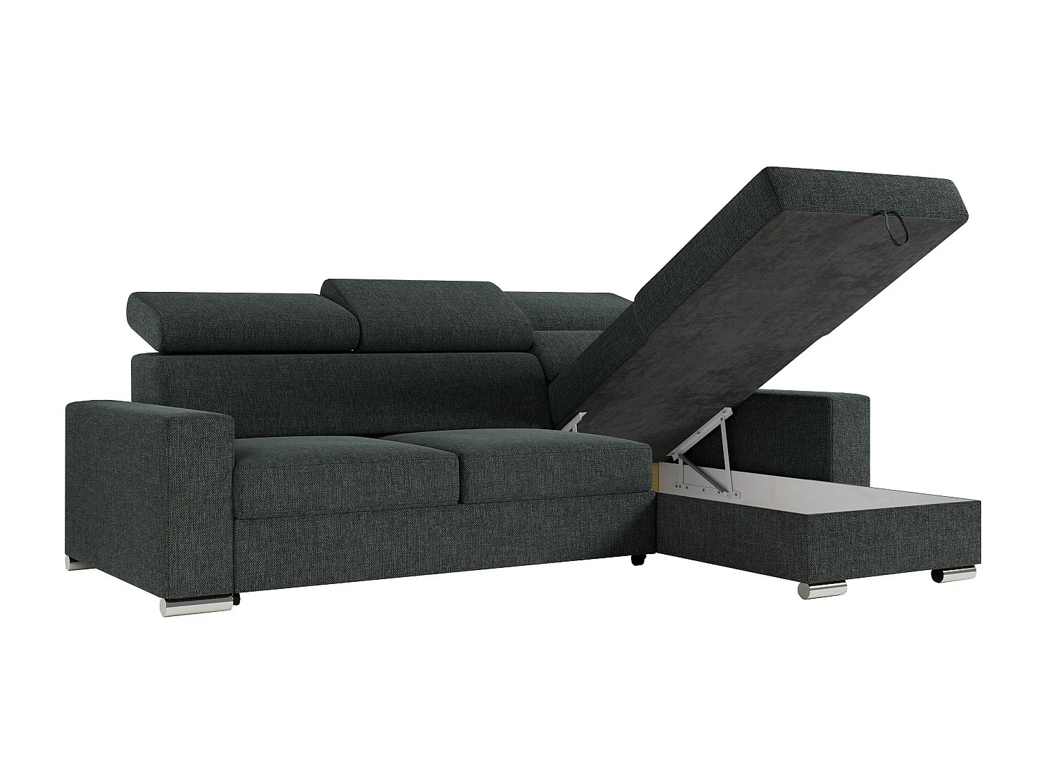 Ecksofa FOX, L-förmige Ecke, Schlaffunktion und Bettkasten, verstellbare Kopfstützen - Dunkelgrau Stukture