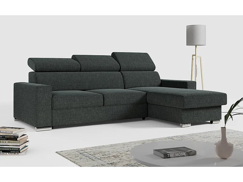 Ecksofa FOX, L-förmige Ecke, Schlaffunktion und Bettkasten, verstellbare Kopfstützen - Dunkelgrau Stukture