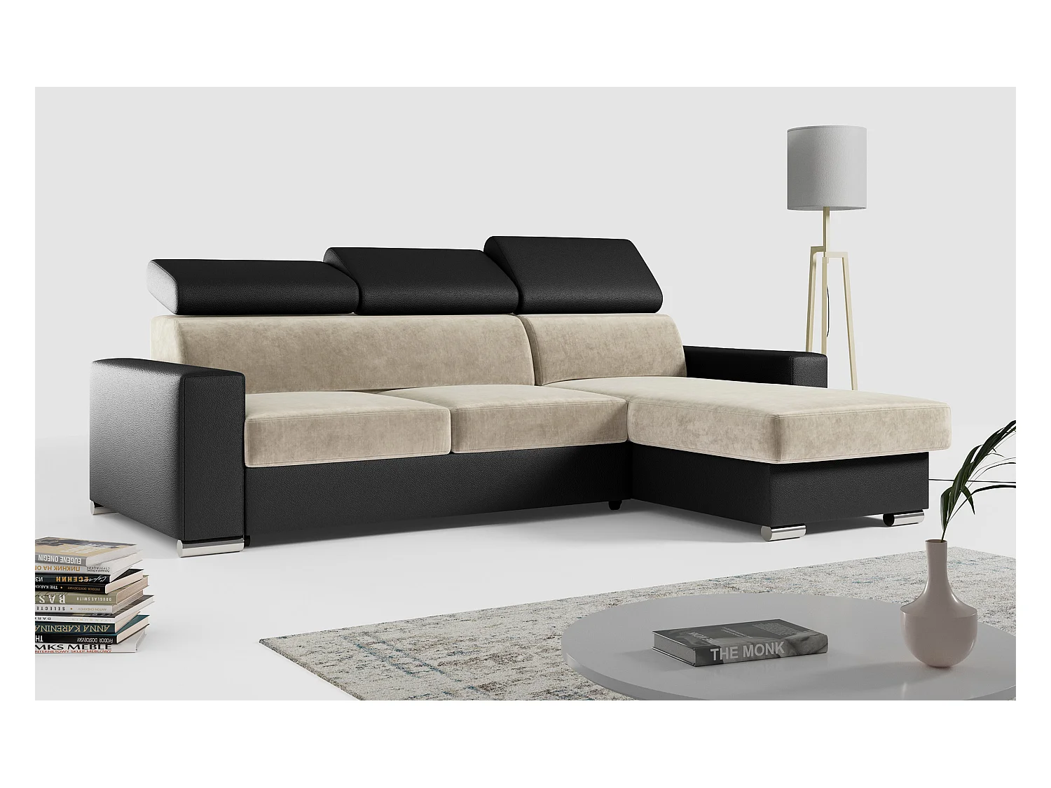 Ecksofa FOX, L-förmige Ecke, Schlaffunktion und Bettkasten, verstellbare Kopfstützen - Beige, Schwarz - Velvet, Kunstleder