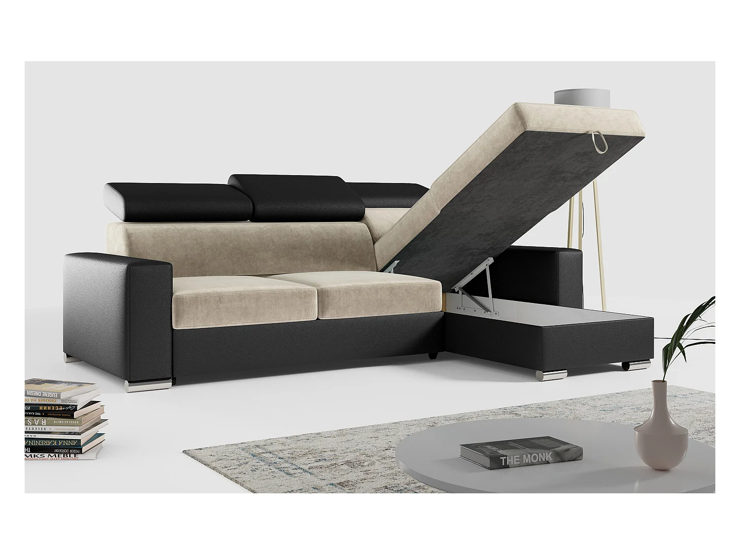 Ecksofa FOX, L-förmige Ecke, Schlaffunktion und Bettkasten, verstellbare Kopfstützen - Beige, Schwarz - Velvet, Kunstleder