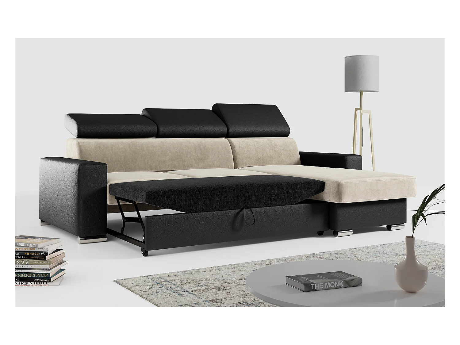 Ecksofa FOX, L-förmige Ecke, Schlaffunktion und Bettkasten, verstellbare Kopfstützen - Beige, Schwarz - Velvet, Kunstleder