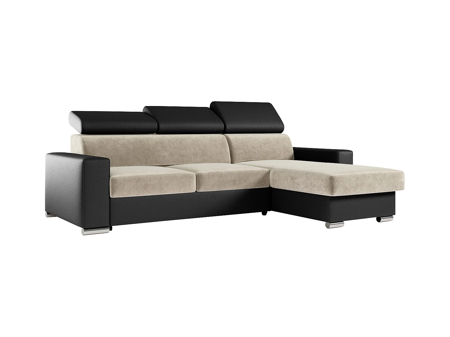 Ecksofa FOX, L-förmige Ecke, Schlaffunktion und Bettkasten, verstellbare Kopfstützen - Beige, Schwarz - Velvet, Kunstleder