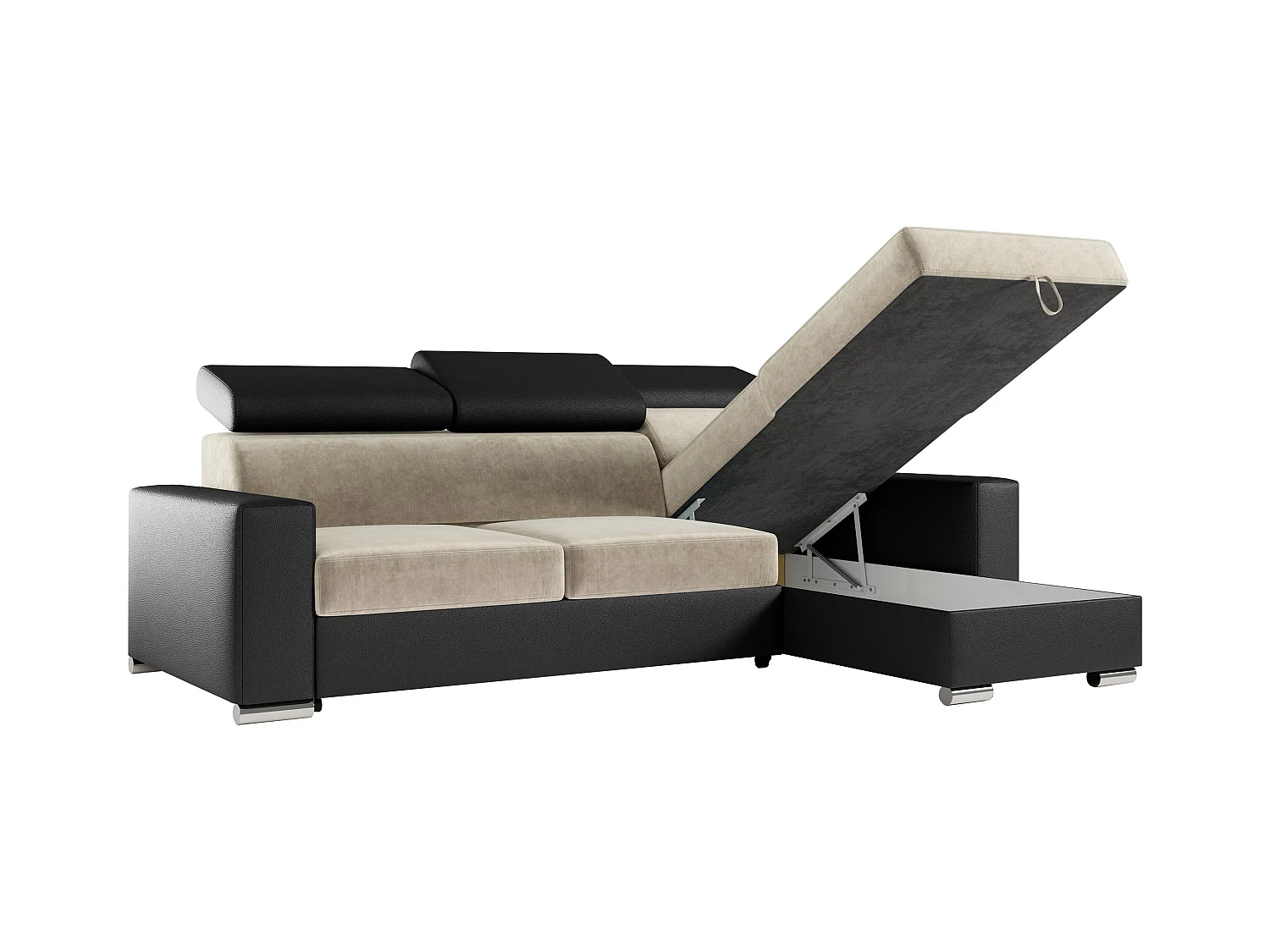 Ecksofa FOX, L-förmige Ecke, Schlaffunktion und Bettkasten, verstellbare Kopfstützen - Beige, Schwarz - Velvet, Kunstleder