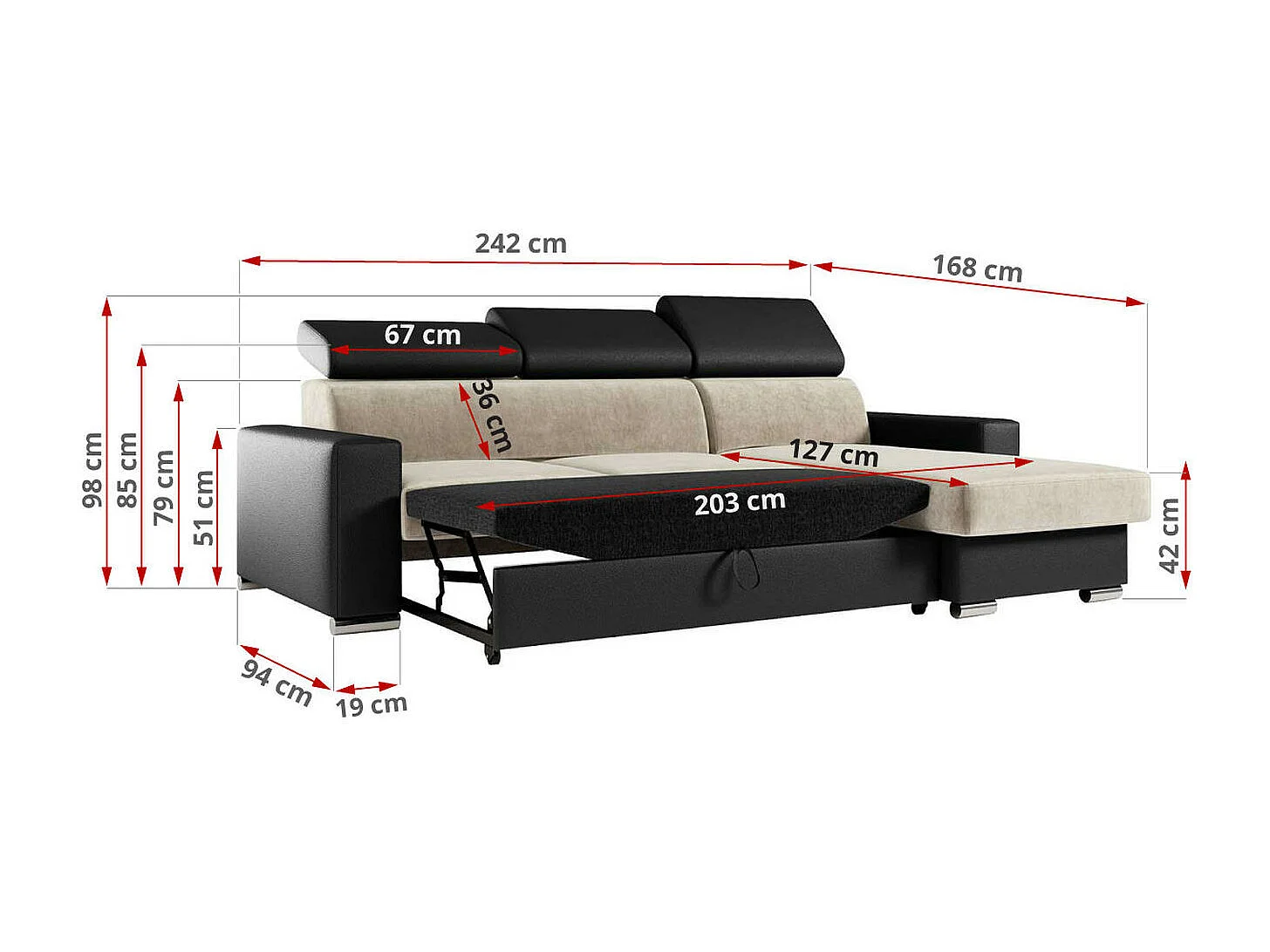 Ecksofa FOX, L-förmige Ecke, Schlaffunktion und Bettkasten, verstellbare Kopfstützen - Beige, Schwarz - Velvet, Kunstleder