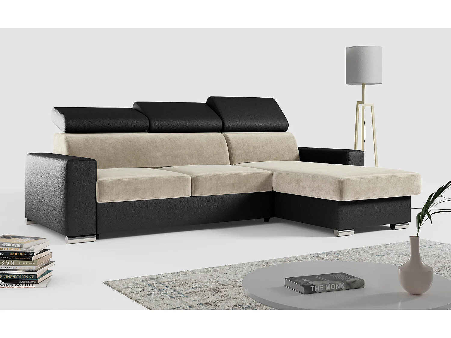 Ecksofa FOX, L-förmige Ecke, Schlaffunktion und Bettkasten, verstellbare Kopfstützen - Beige, Schwarz - Velvet, Kunstleder