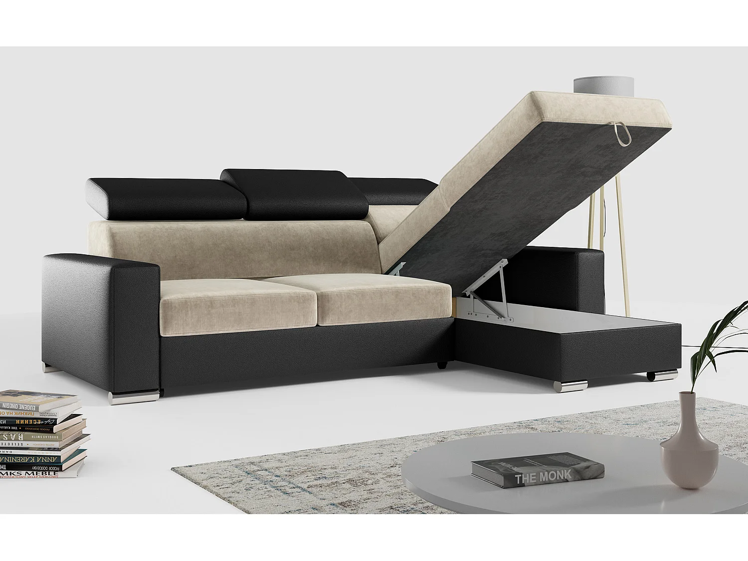 Ecksofa FOX, L-förmige Ecke, Schlaffunktion und Bettkasten, verstellbare Kopfstützen - Beige, Schwarz - Velvet, Kunstleder