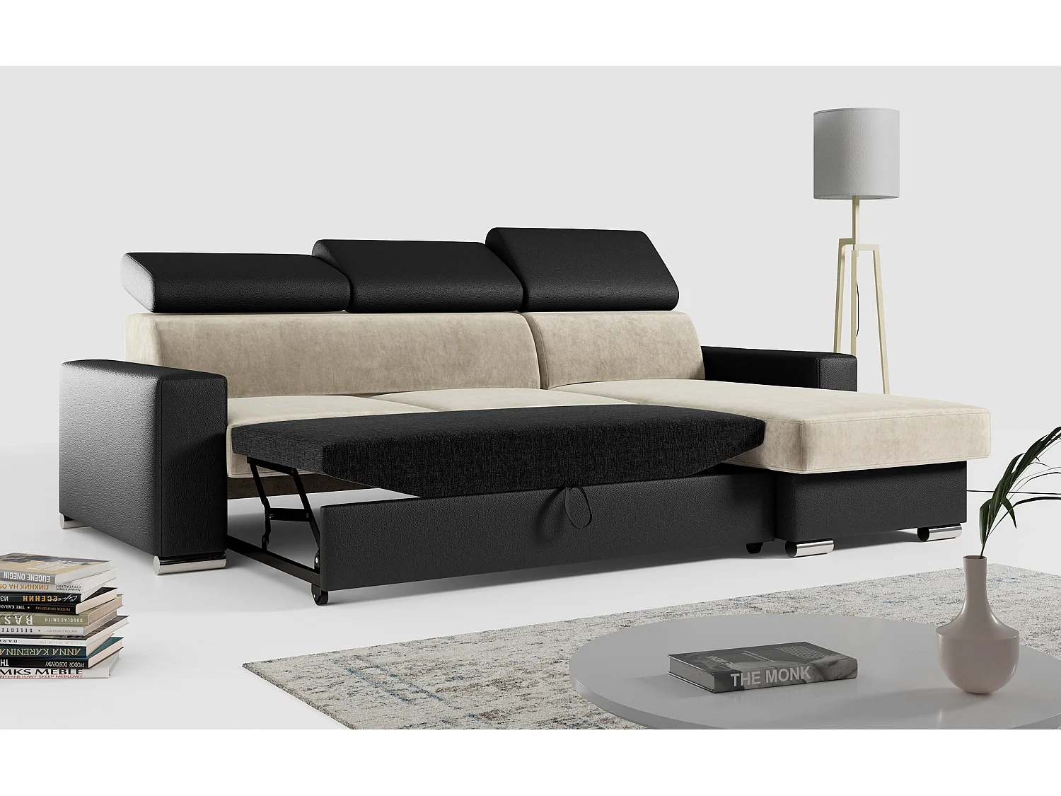 Ecksofa FOX, L-förmige Ecke, Schlaffunktion und Bettkasten, verstellbare Kopfstützen - Beige, Schwarz - Velvet, Kunstleder