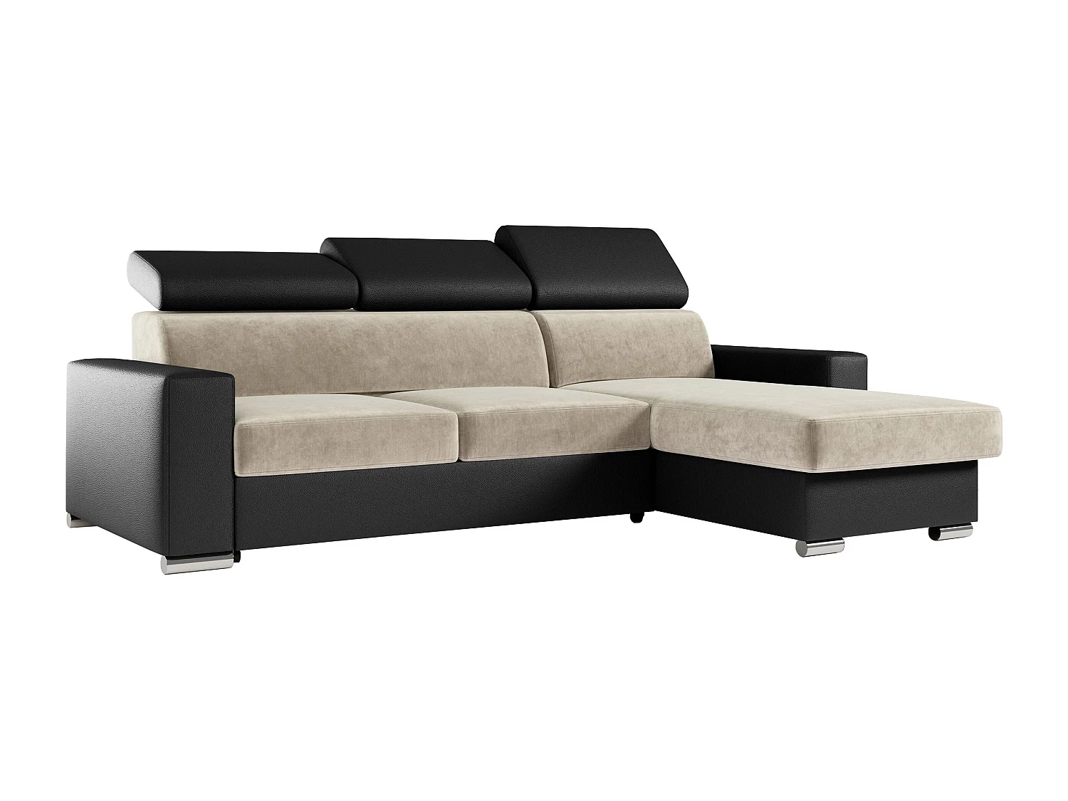 Ecksofa FOX, L-förmige Ecke, Schlaffunktion und Bettkasten, verstellbare Kopfstützen - Beige, Schwarz - Velvet, Kunstleder