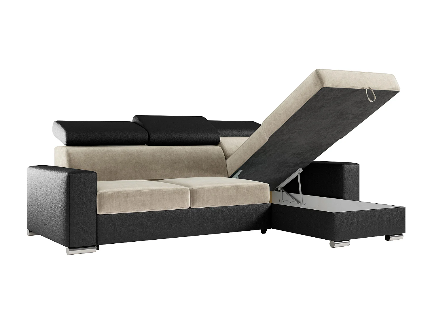 Ecksofa FOX, L-förmige Ecke, Schlaffunktion und Bettkasten, verstellbare Kopfstützen - Beige, Schwarz - Velvet, Kunstleder