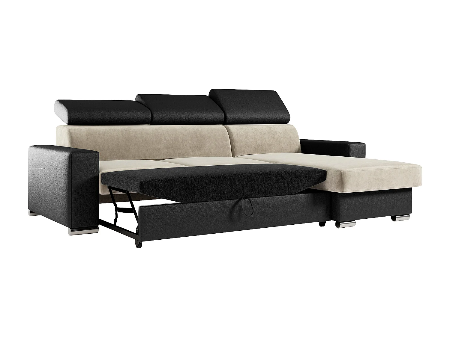 Ecksofa FOX, L-förmige Ecke, Schlaffunktion und Bettkasten, verstellbare Kopfstützen - Beige, Schwarz - Velvet, Kunstleder