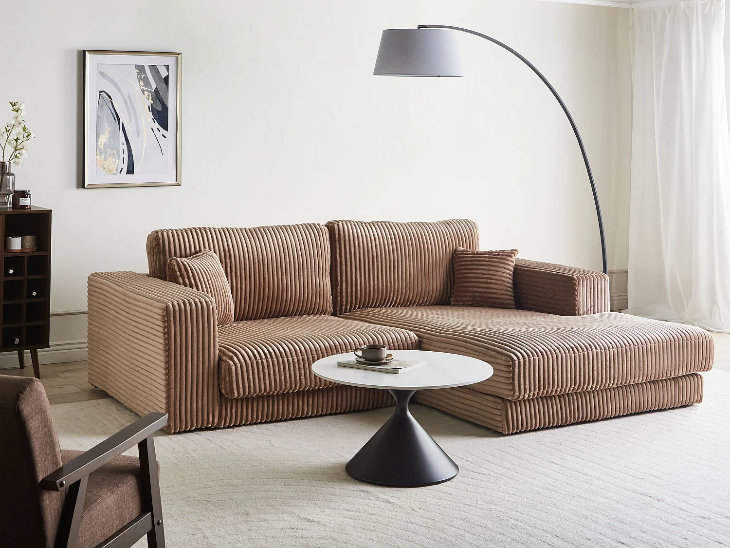 Canapé d'Angle à droite Minimaliste en Velours Côtelé avec Coussins Supplémentaires Marron Clair Lofoten