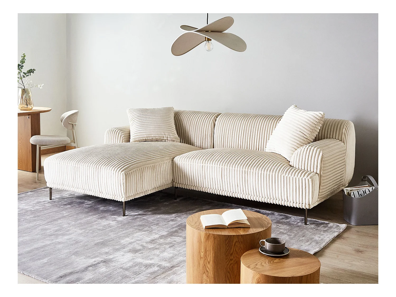 Canapé d'Angle à gauche en Velours Côtelé 3 Places Blanc Cassé Stenum