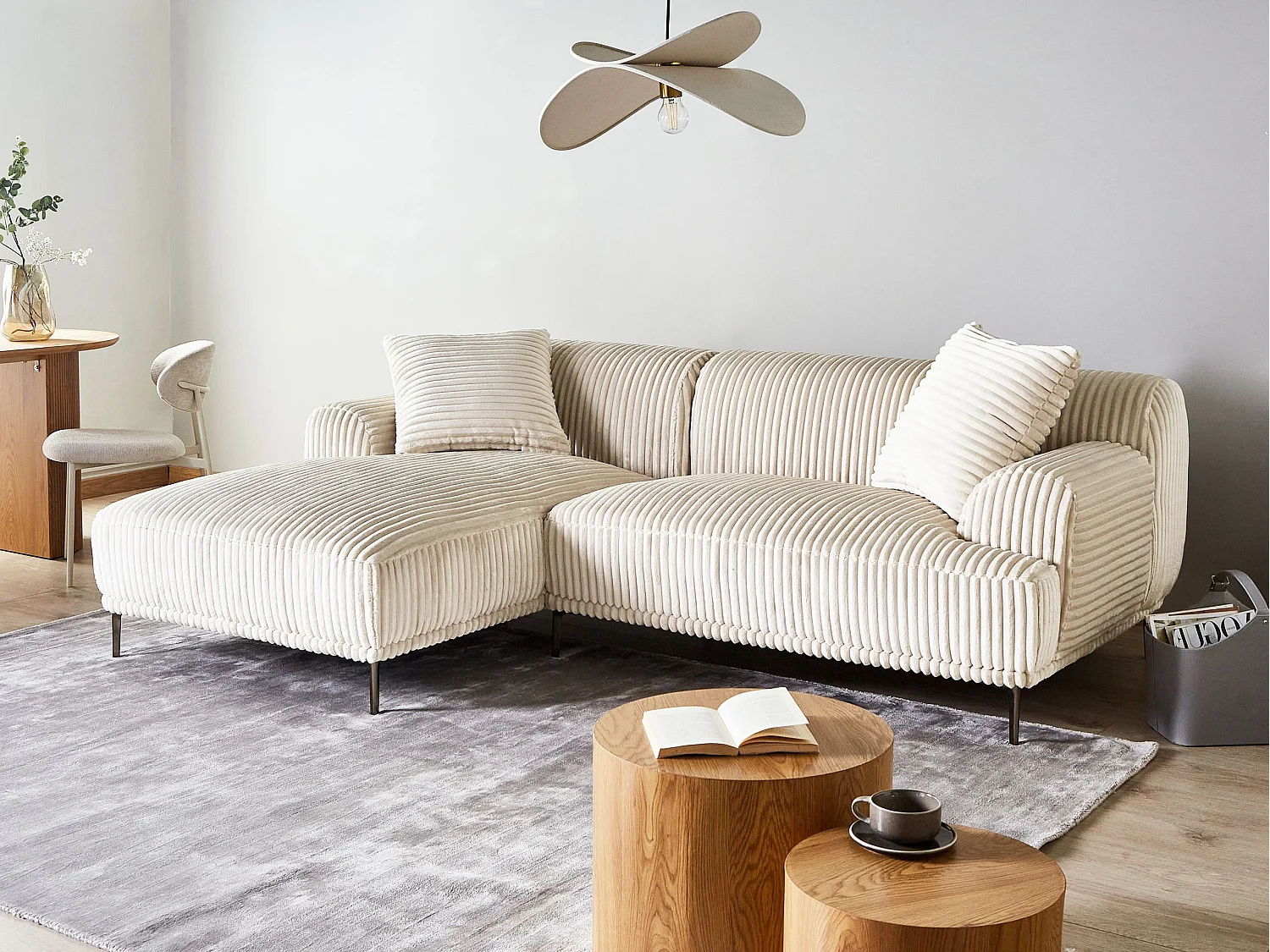 Canapé d'Angle à gauche en Velours Côtelé 3 Places Blanc Cassé Stenum