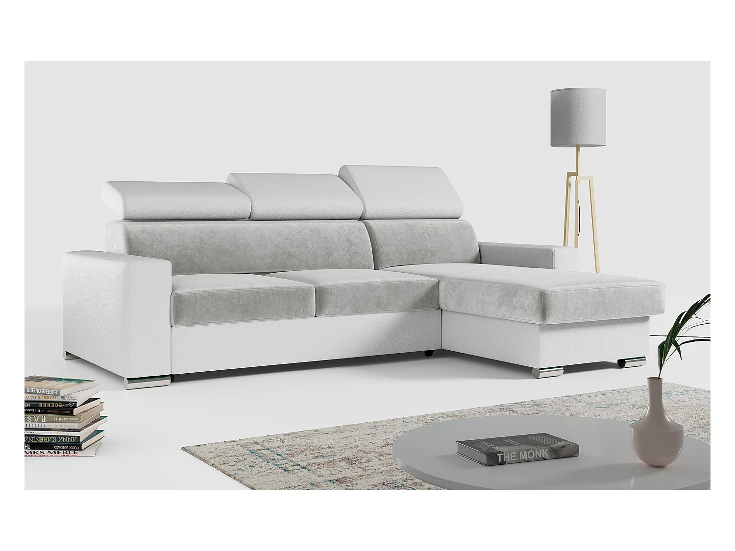 Ecksofa FOX, L-förmige Ecke, Schlaffunktion und Bettkasten, verstellbare Kopfstützen - Hellgrau, Weiß - Velvet, Kunstleder