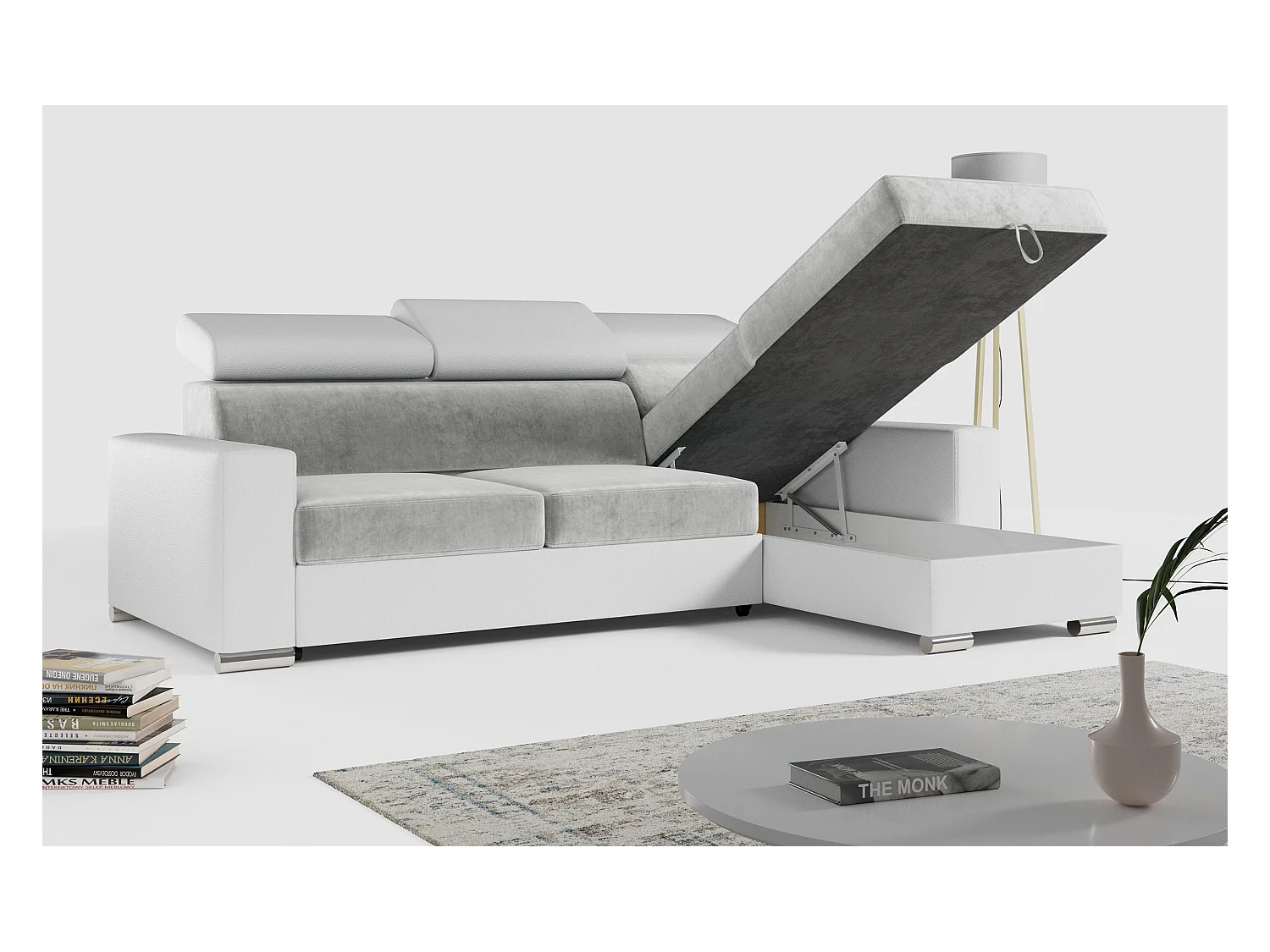 Ecksofa FOX, L-förmige Ecke, Schlaffunktion und Bettkasten, verstellbare Kopfstützen - Hellgrau, Weiß - Velvet, Kunstleder