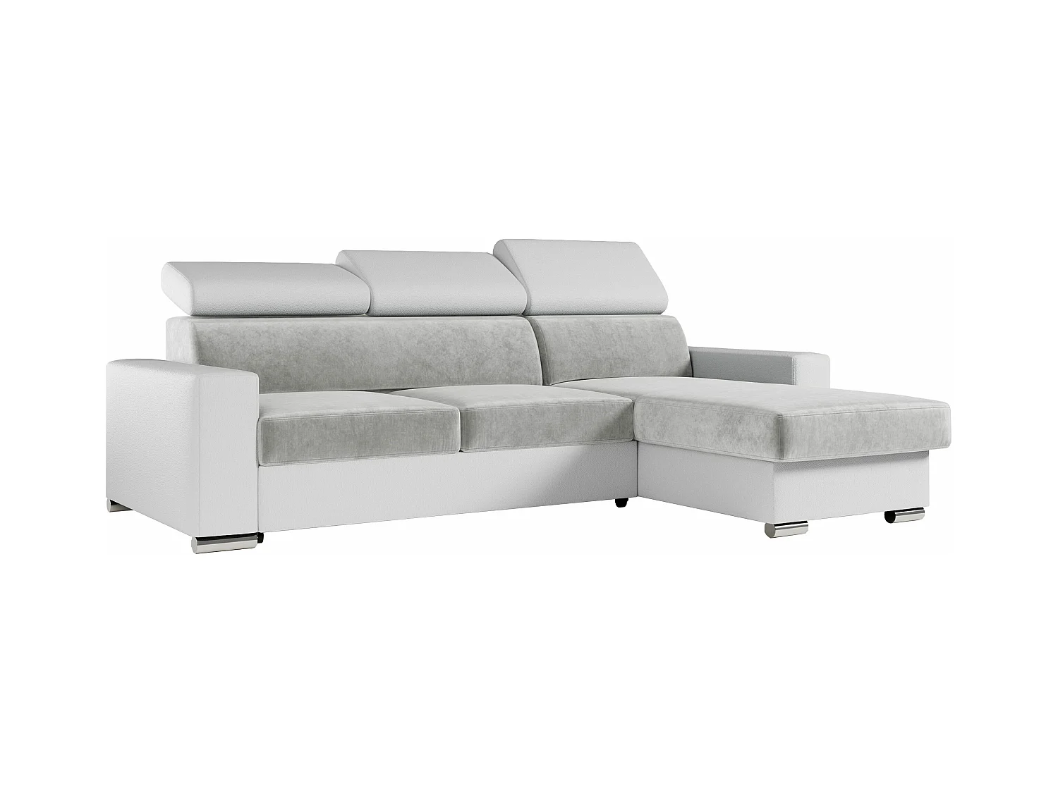 Ecksofa FOX, L-förmige Ecke, Schlaffunktion und Bettkasten, verstellbare Kopfstützen - Hellgrau, Weiß - Velvet, Kunstleder