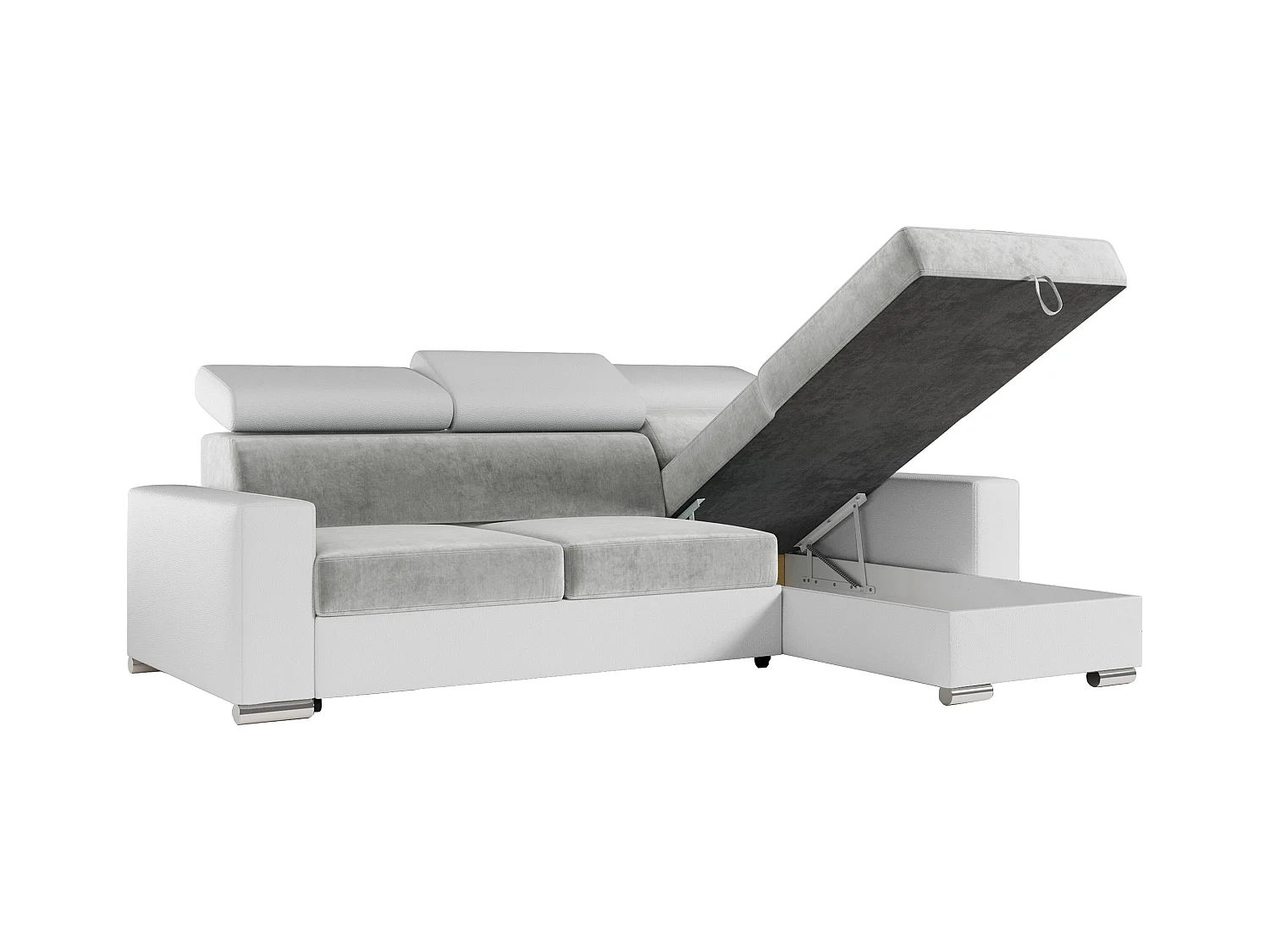 Ecksofa FOX, L-förmige Ecke, Schlaffunktion und Bettkasten, verstellbare Kopfstützen - Hellgrau, Weiß - Velvet, Kunstleder