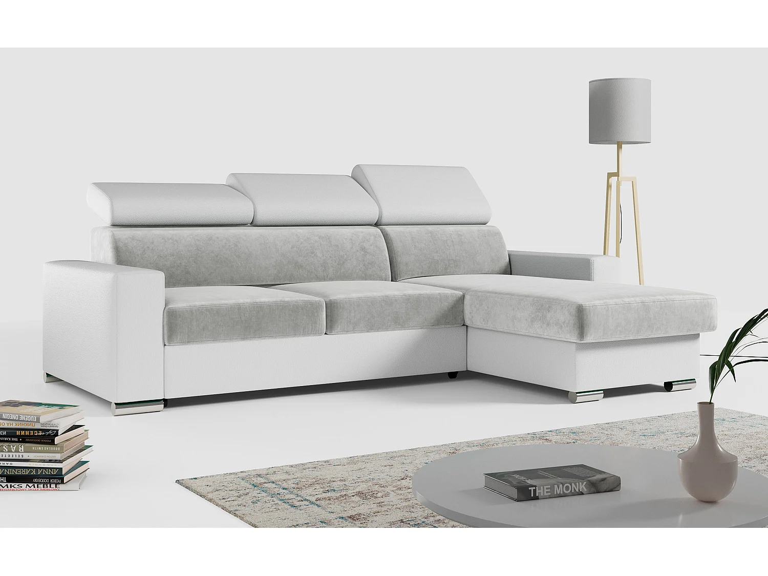 Ecksofa FOX, L-förmige Ecke, Schlaffunktion und Bettkasten, verstellbare Kopfstützen - Hellgrau, Weiß - Velvet, Kunstleder