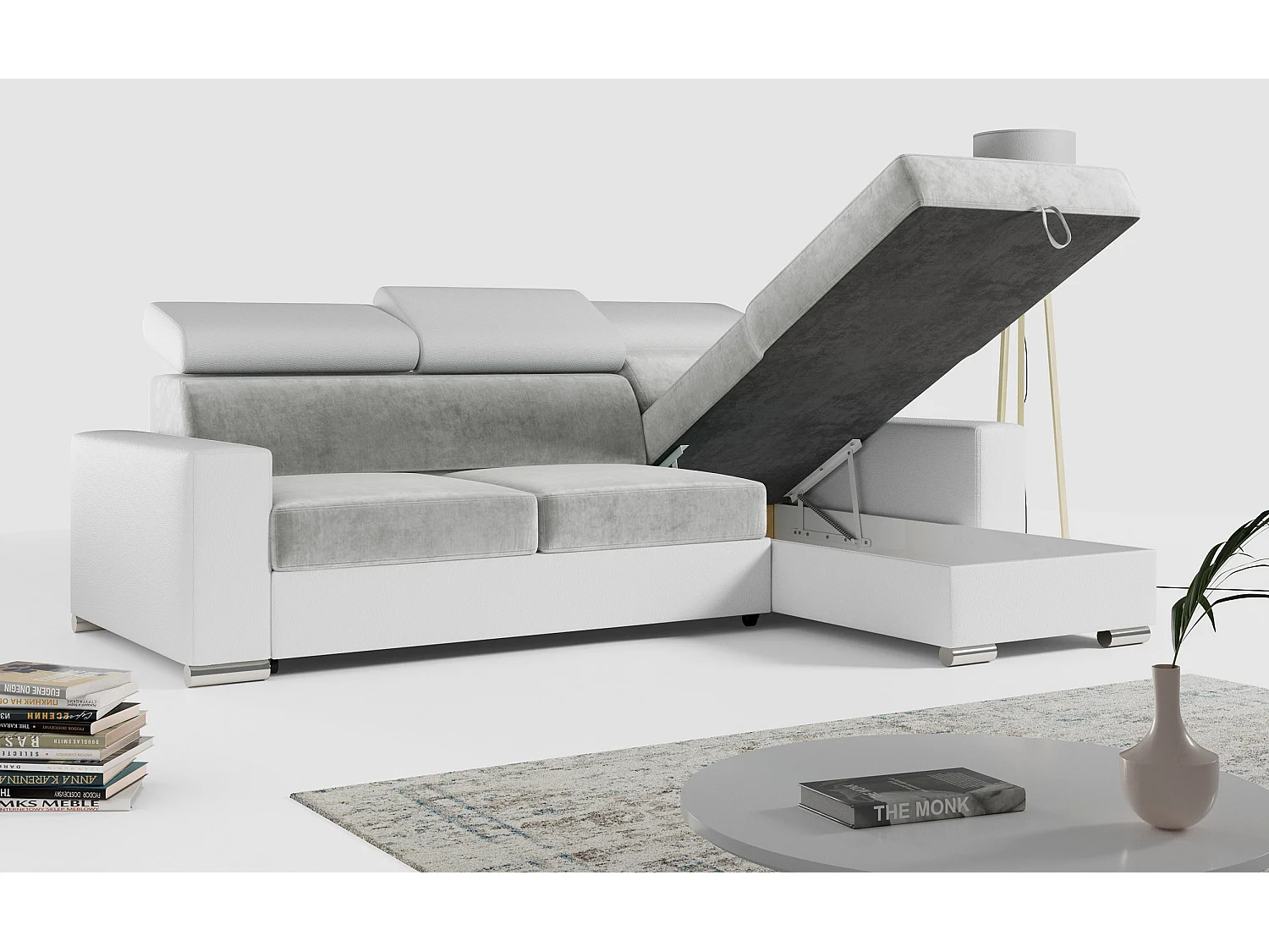 Ecksofa FOX, L-förmige Ecke, Schlaffunktion und Bettkasten, verstellbare Kopfstützen - Hellgrau, Weiß - Velvet, Kunstleder