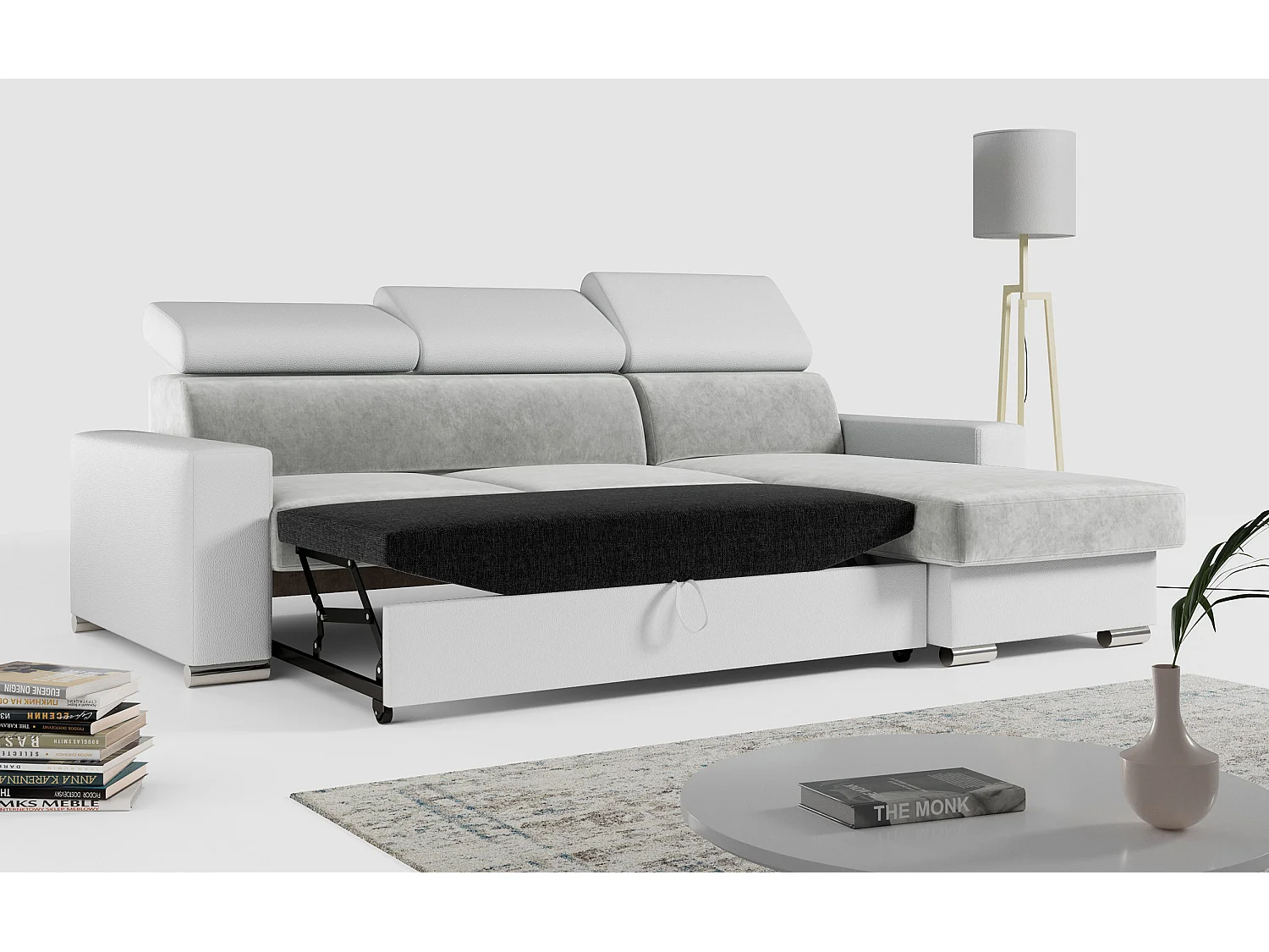 Ecksofa FOX, L-förmige Ecke, Schlaffunktion und Bettkasten, verstellbare Kopfstützen - Hellgrau, Weiß - Velvet, Kunstleder