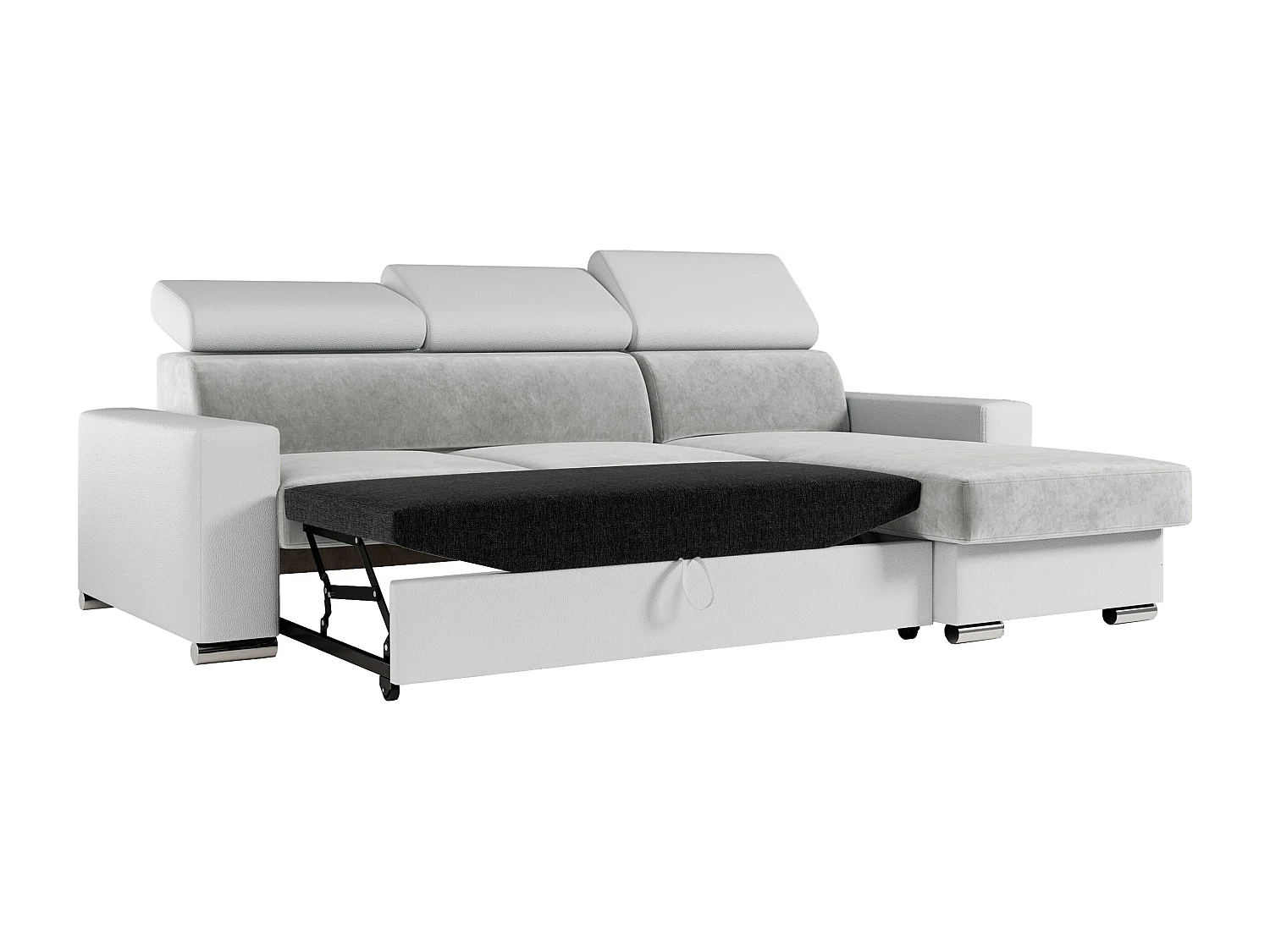 Ecksofa FOX, L-förmige Ecke, Schlaffunktion und Bettkasten, verstellbare Kopfstützen - Hellgrau, Weiß - Velvet, Kunstleder