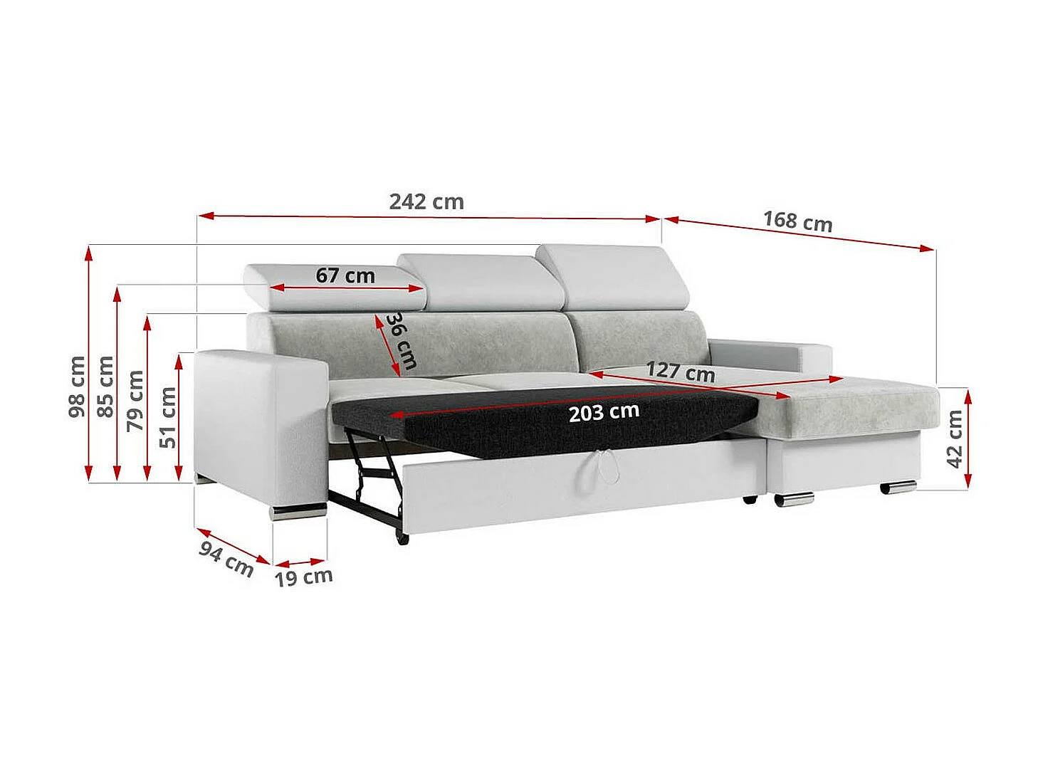 Ecksofa FOX, L-förmige Ecke, Schlaffunktion und Bettkasten, verstellbare Kopfstützen - Hellgrau, Weiß - Velvet, Kunstleder