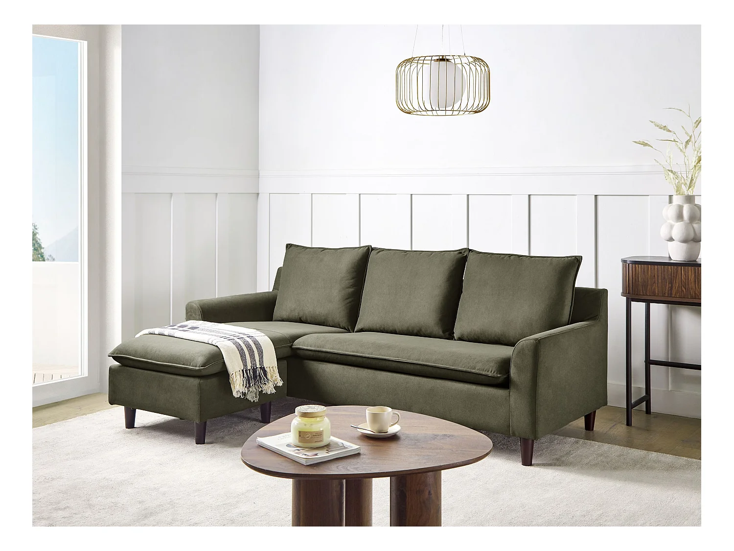 Canapé d'Angle à gauche Moderne en Tissu avec Pieds en Bois Massif Polyester Vert Foncé Elvenes
