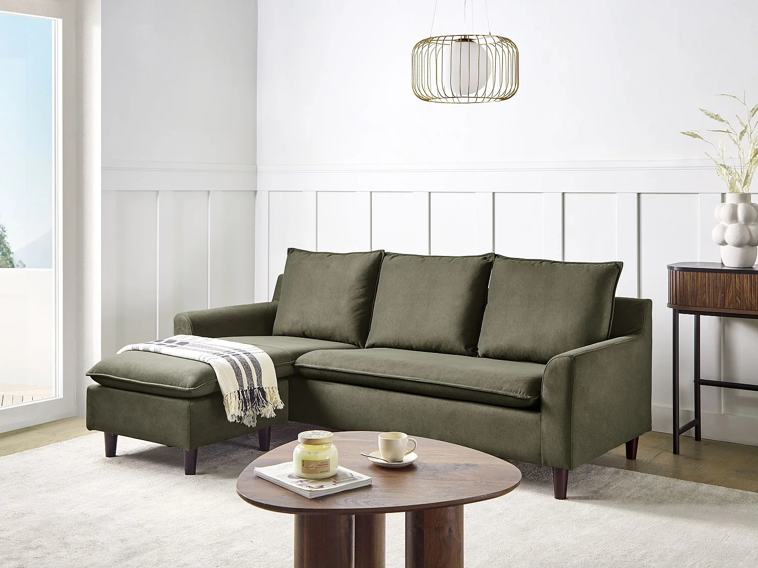 Canapé d'Angle à gauche Moderne en Tissu avec Pieds en Bois Massif Polyester Vert Foncé Elvenes