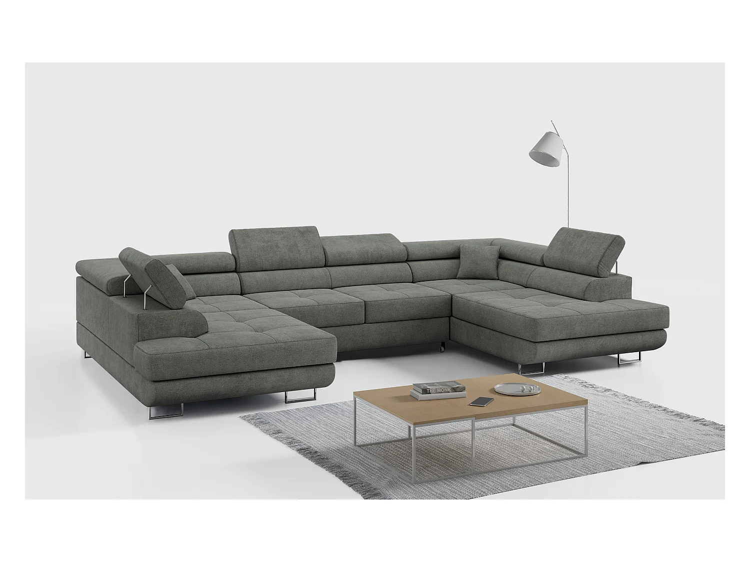 Ecksofa GUSTAW U, mit Schlaffunktion, Großes U-form ecksofa, XXL Wohnlandschaft, verstellbare Kopfstützen - Grau Strukture