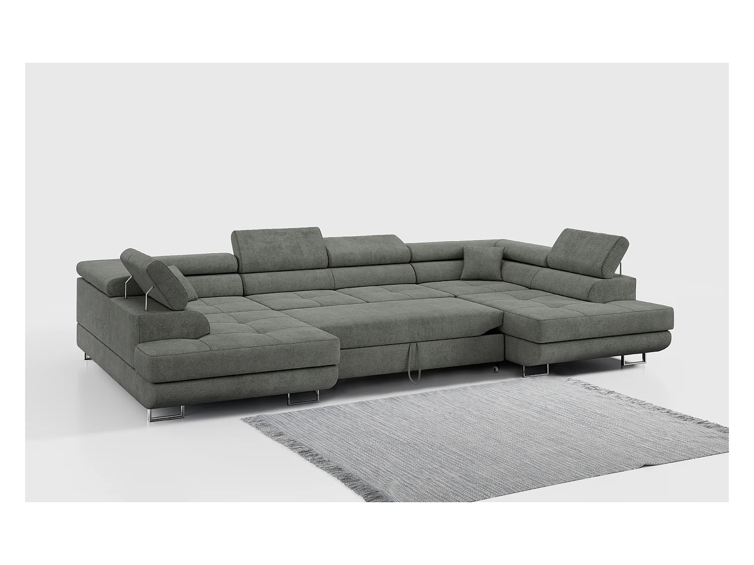 Ecksofa GUSTAW U, mit Schlaffunktion, Großes U-form ecksofa, XXL Wohnlandschaft, verstellbare Kopfstützen - Grau Strukture