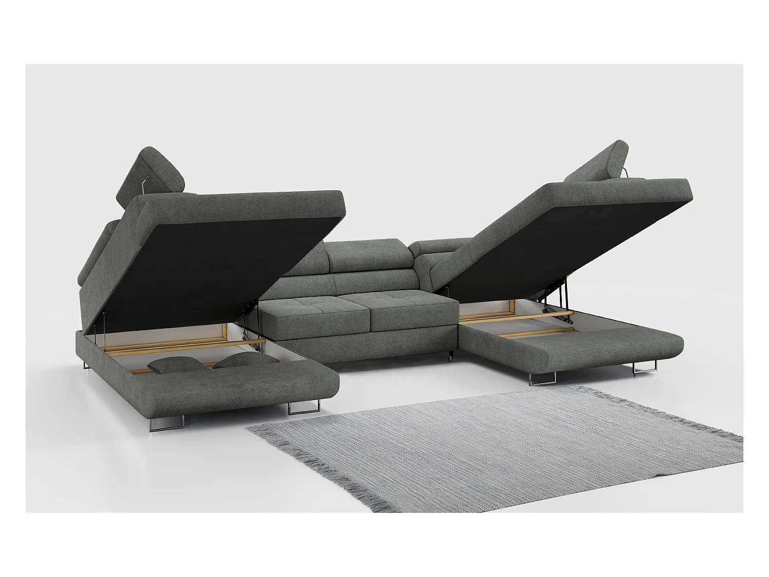 Ecksofa GUSTAW U, mit Schlaffunktion, Großes U-form ecksofa, XXL Wohnlandschaft, verstellbare Kopfstützen - Grau Strukture