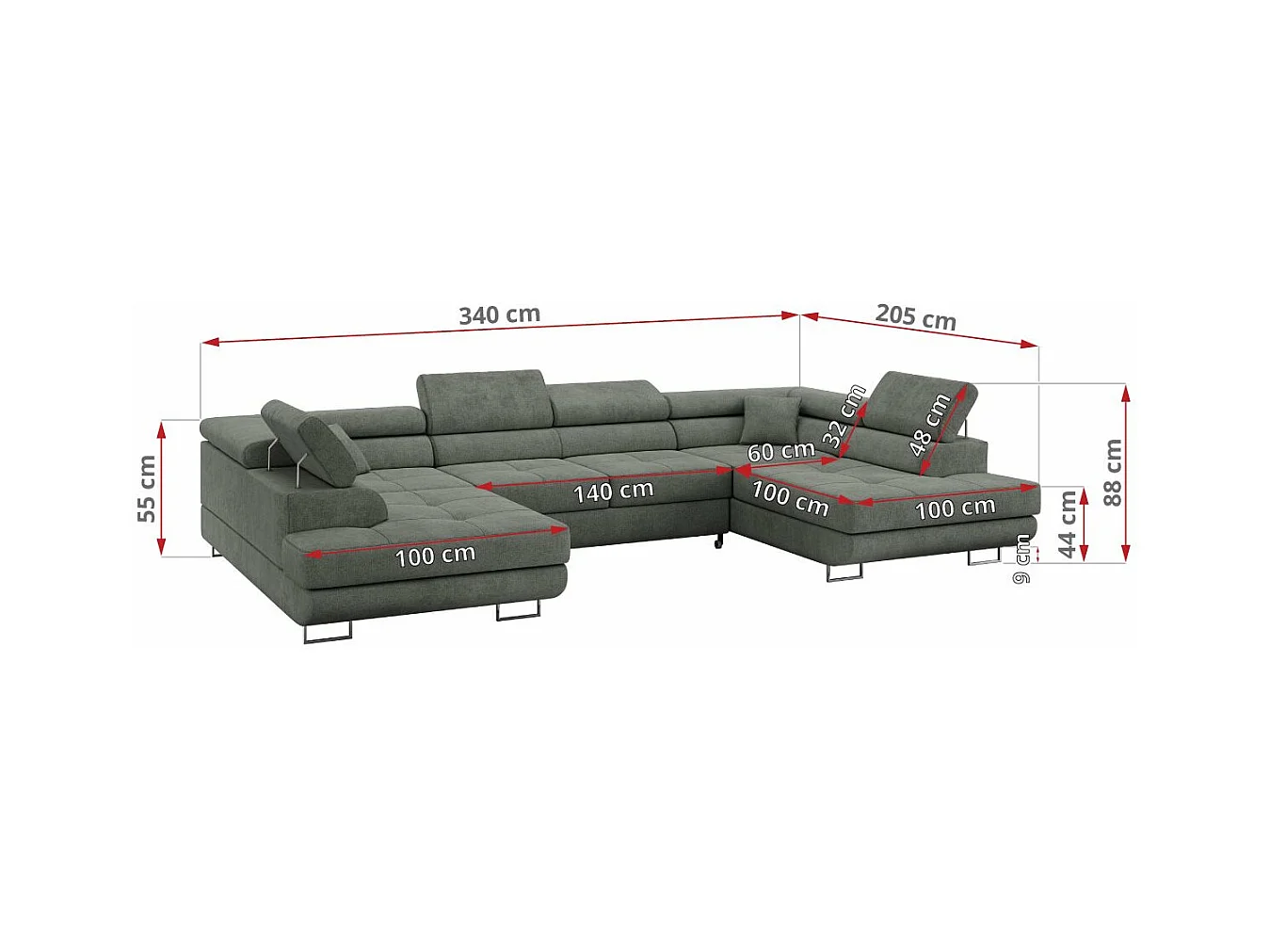 Ecksofa GUSTAW U, mit Schlaffunktion, Großes U-form ecksofa, XXL Wohnlandschaft, verstellbare Kopfstützen - Grau Strukture