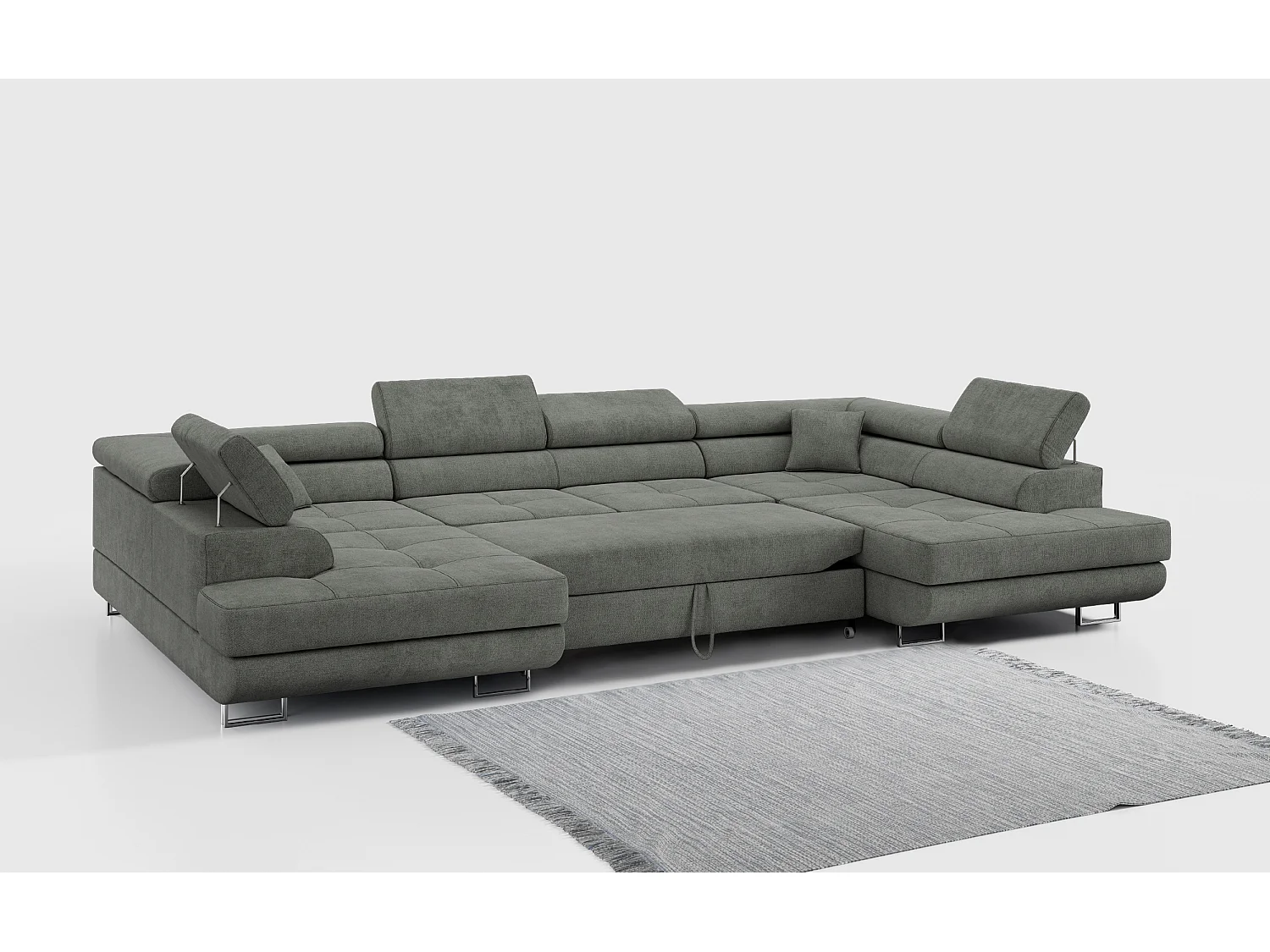 Ecksofa GUSTAW U, mit Schlaffunktion, Großes U-form ecksofa, XXL Wohnlandschaft, verstellbare Kopfstützen - Grau Strukture