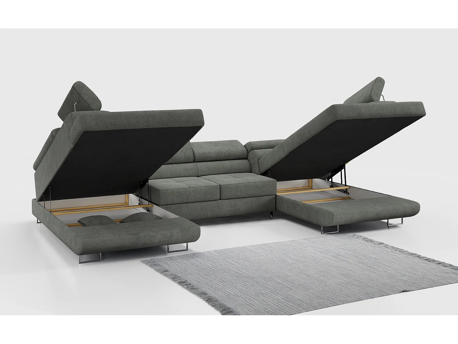 Ecksofa GUSTAW U, mit Schlaffunktion, Großes U-form ecksofa, XXL Wohnlandschaft, verstellbare Kopfstützen - Grau Strukture