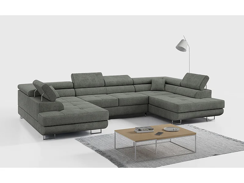 Ecksofa GUSTAW U, mit Schlaffunktion, Großes U-form ecksofa, XXL Wohnlandschaft, verstellbare Kopfstützen - Grau Strukture