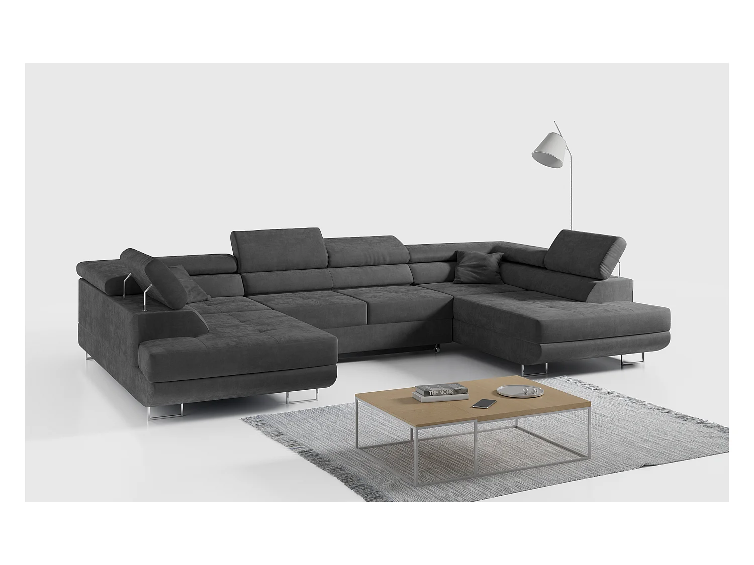 Ecksofa GUSTAW U, mit Schlaffunktion, Großes U-form ecksofa, XXL Wohnlandschaft, verstellbare Kopfstützen - Dunkelgrau Velvet
