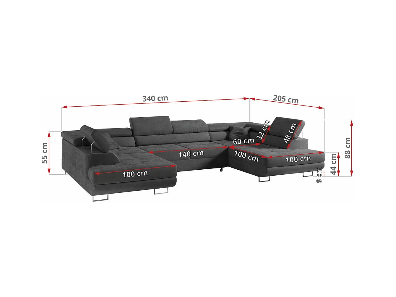 Ecksofa GUSTAW U, mit Schlaffunktion, Großes U-form ecksofa, XXL Wohnlandschaft, verstellbare Kopfstützen - Dunkelgrau Velvet