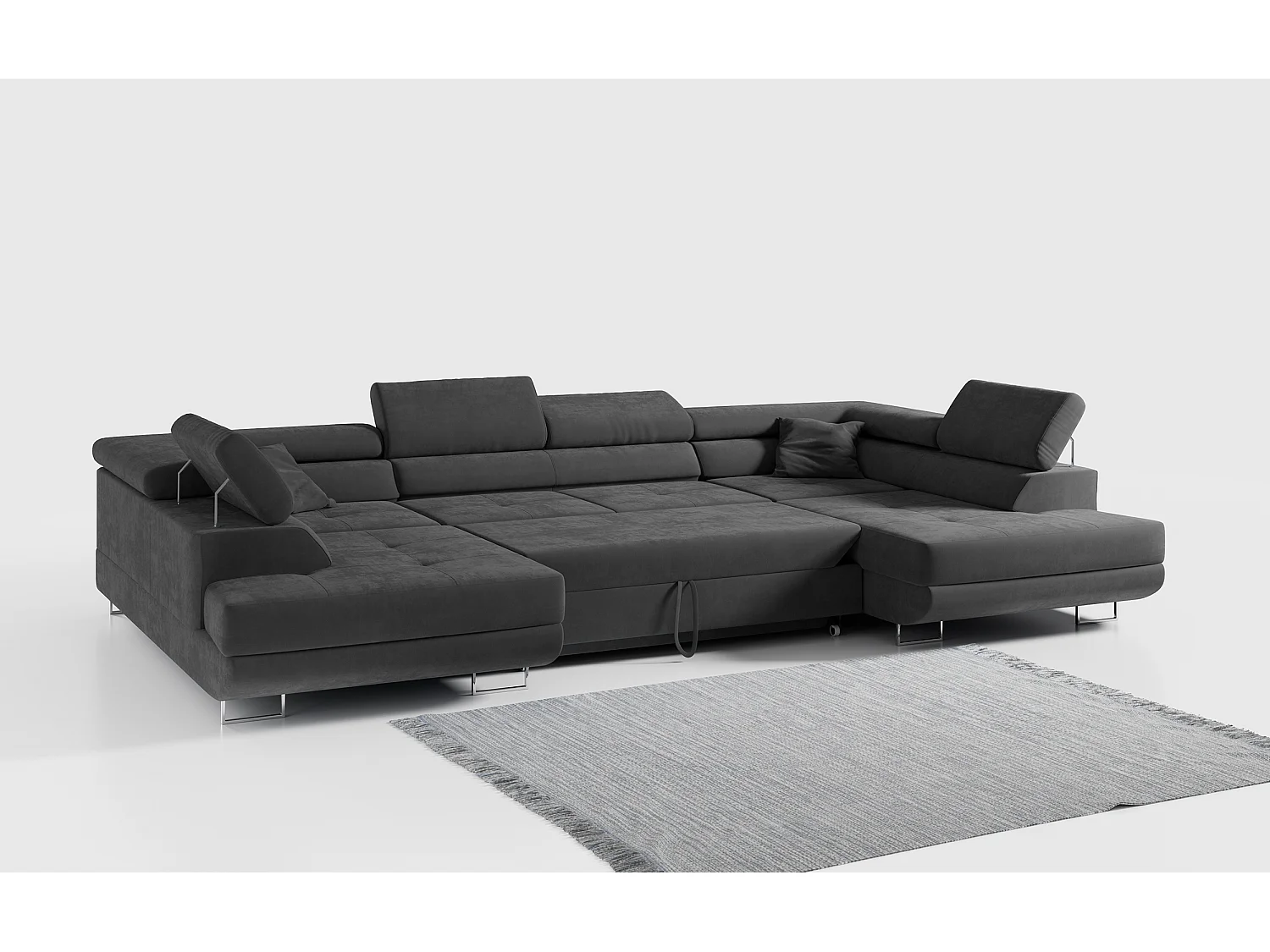 Ecksofa GUSTAW U, mit Schlaffunktion, Großes U-form ecksofa, XXL Wohnlandschaft, verstellbare Kopfstützen - Dunkelgrau Velvet