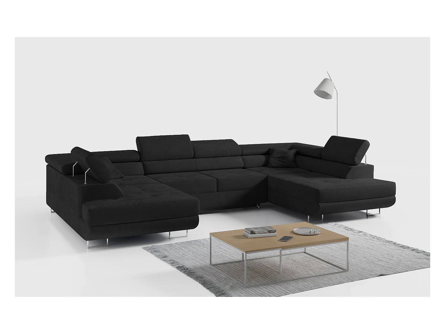 Ecksofa GUSTAW U, mit Schlaffunktion, Großes U-form ecksofa, XXL Wohnlandschaft, verstellbare Kopfstützen - Schwarz Velvet