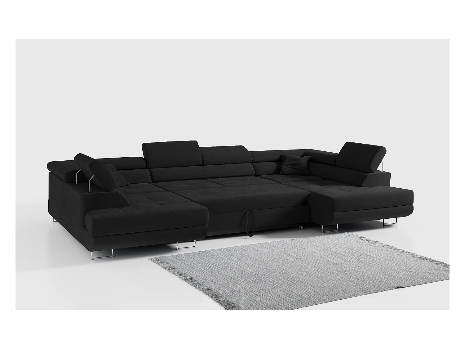 Ecksofa GUSTAW U, mit Schlaffunktion, Großes U-form ecksofa, XXL Wohnlandschaft, verstellbare Kopfstützen - Schwarz Velvet