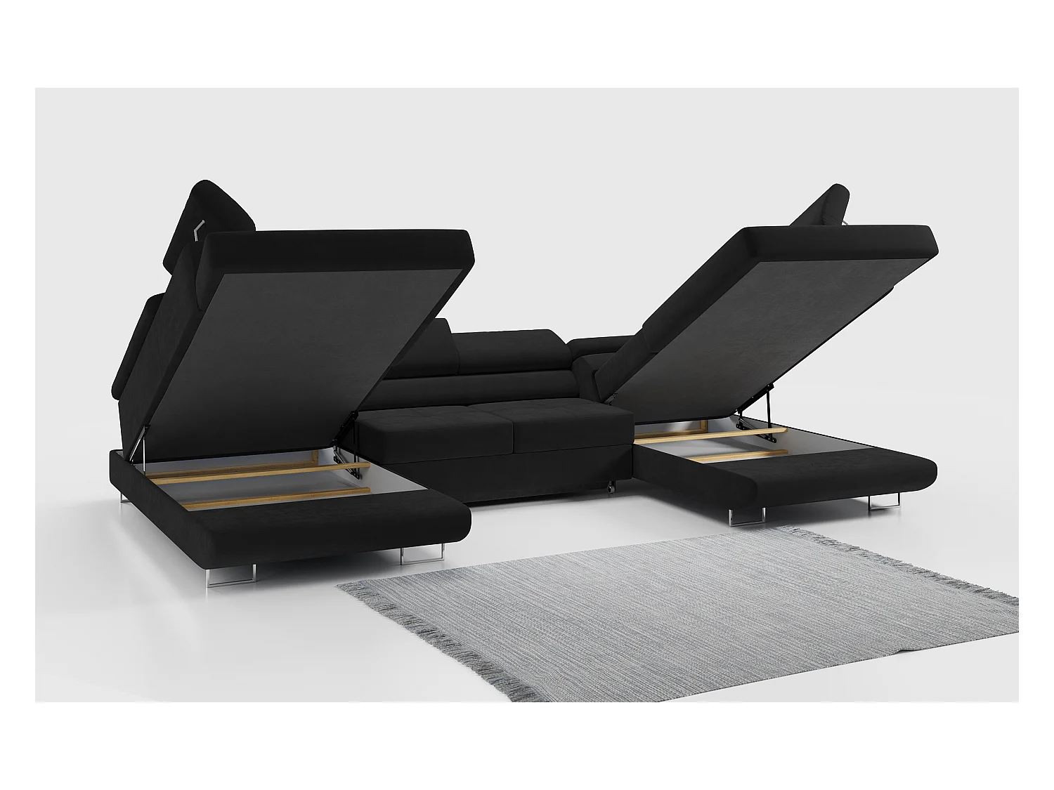 Ecksofa GUSTAW U, mit Schlaffunktion, Großes U-form ecksofa, XXL Wohnlandschaft, verstellbare Kopfstützen - Schwarz Velvet