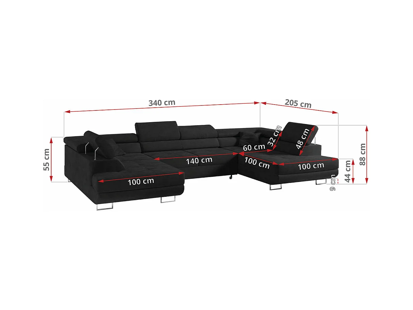 Ecksofa GUSTAW U, mit Schlaffunktion, Großes U-form ecksofa, XXL Wohnlandschaft, verstellbare Kopfstützen - Schwarz Velvet