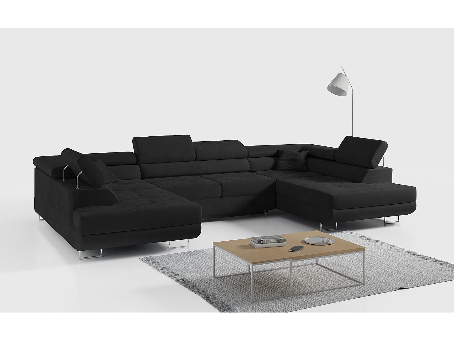 Ecksofa GUSTAW U, mit Schlaffunktion, Großes U-form ecksofa, XXL Wohnlandschaft, verstellbare Kopfstützen - Schwarz Velvet