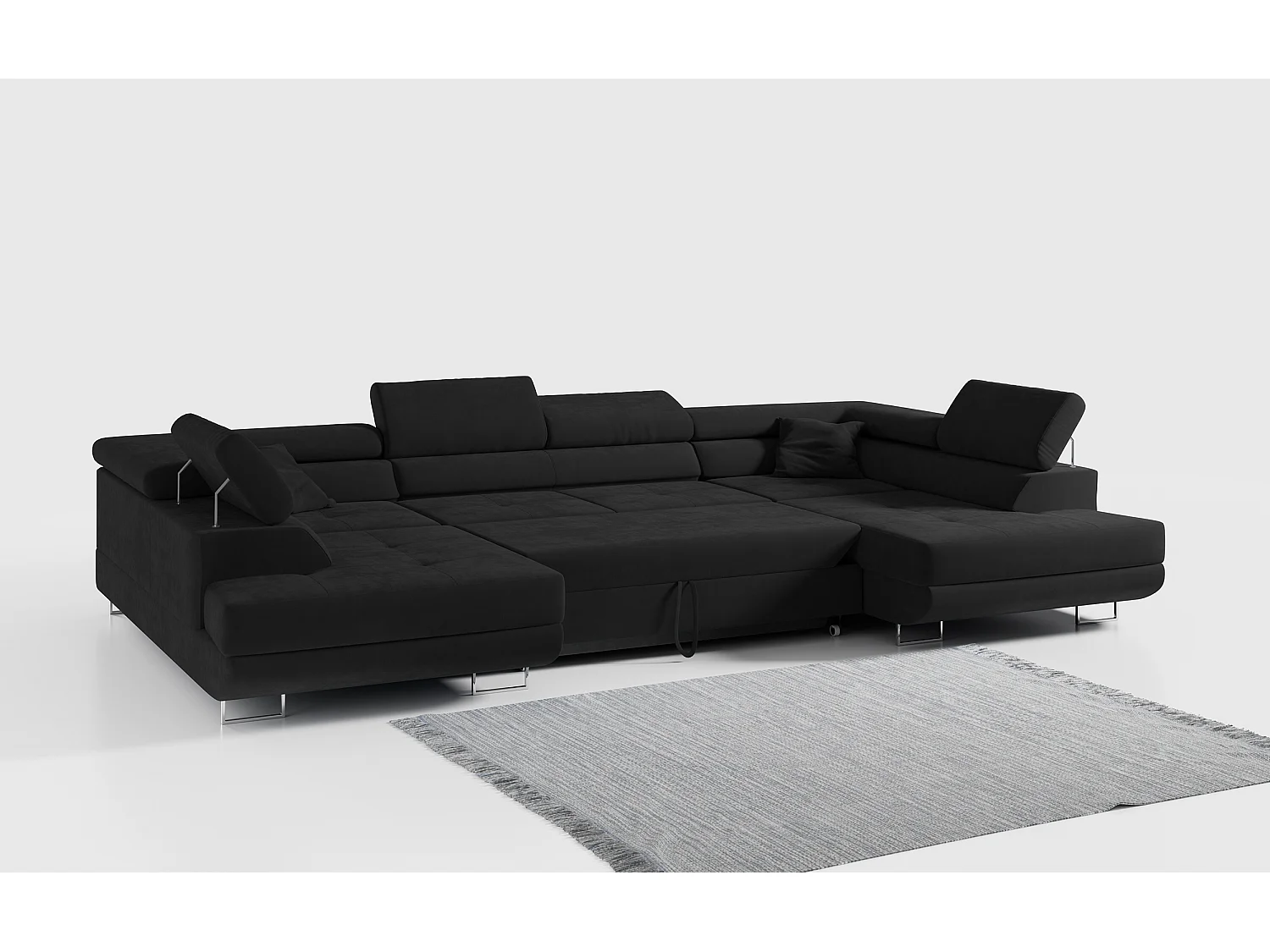 Ecksofa GUSTAW U, mit Schlaffunktion, Großes U-form ecksofa, XXL Wohnlandschaft, verstellbare Kopfstützen - Schwarz Velvet