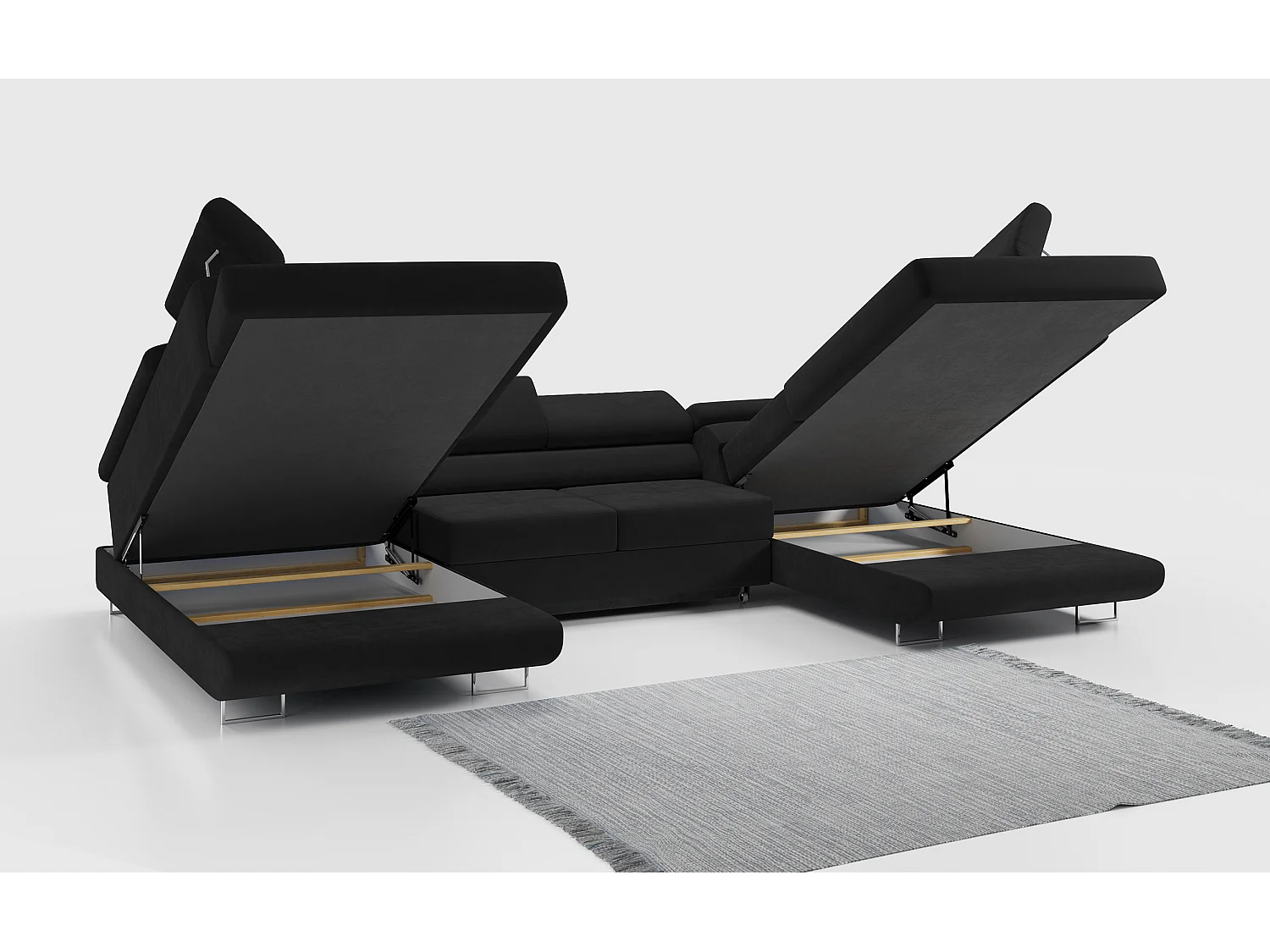 Ecksofa GUSTAW U, mit Schlaffunktion, Großes U-form ecksofa, XXL Wohnlandschaft, verstellbare Kopfstützen - Schwarz Velvet