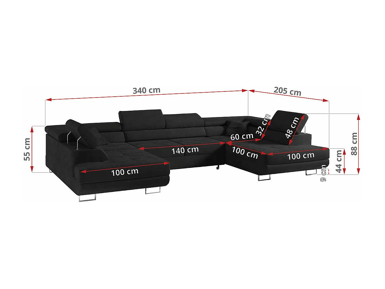 Ecksofa GUSTAW U, mit Schlaffunktion, Großes U-form ecksofa, XXL Wohnlandschaft, verstellbare Kopfstützen - Schwarz Velvet
